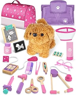 Maleta de Brinquedos Médicos, Veterinário de Brinquedo em Madeira com Cachorro de Pelúcia, Kit Médico Infantil, Brinquedos para Crianças a Partir de 3 Anos (Rosa)