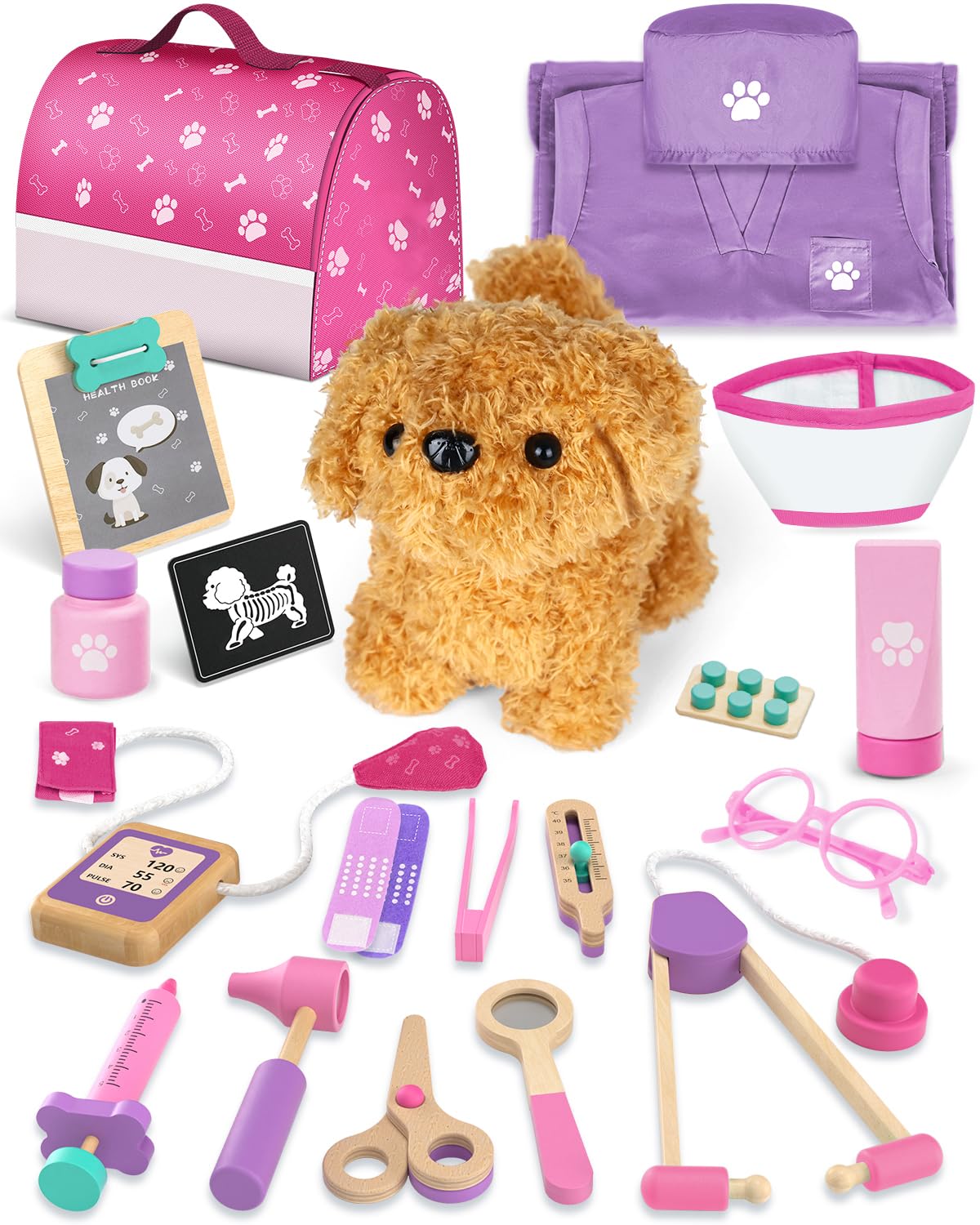 Arztkoffer Kinder Holz, Tierarzt Spielzeug Kinder, Doktorkoffer mit Kleidung und Hut, Arztkoffer Rollenspiel Kit, Geschenk Mädchen 3 Jahre(Rosa)