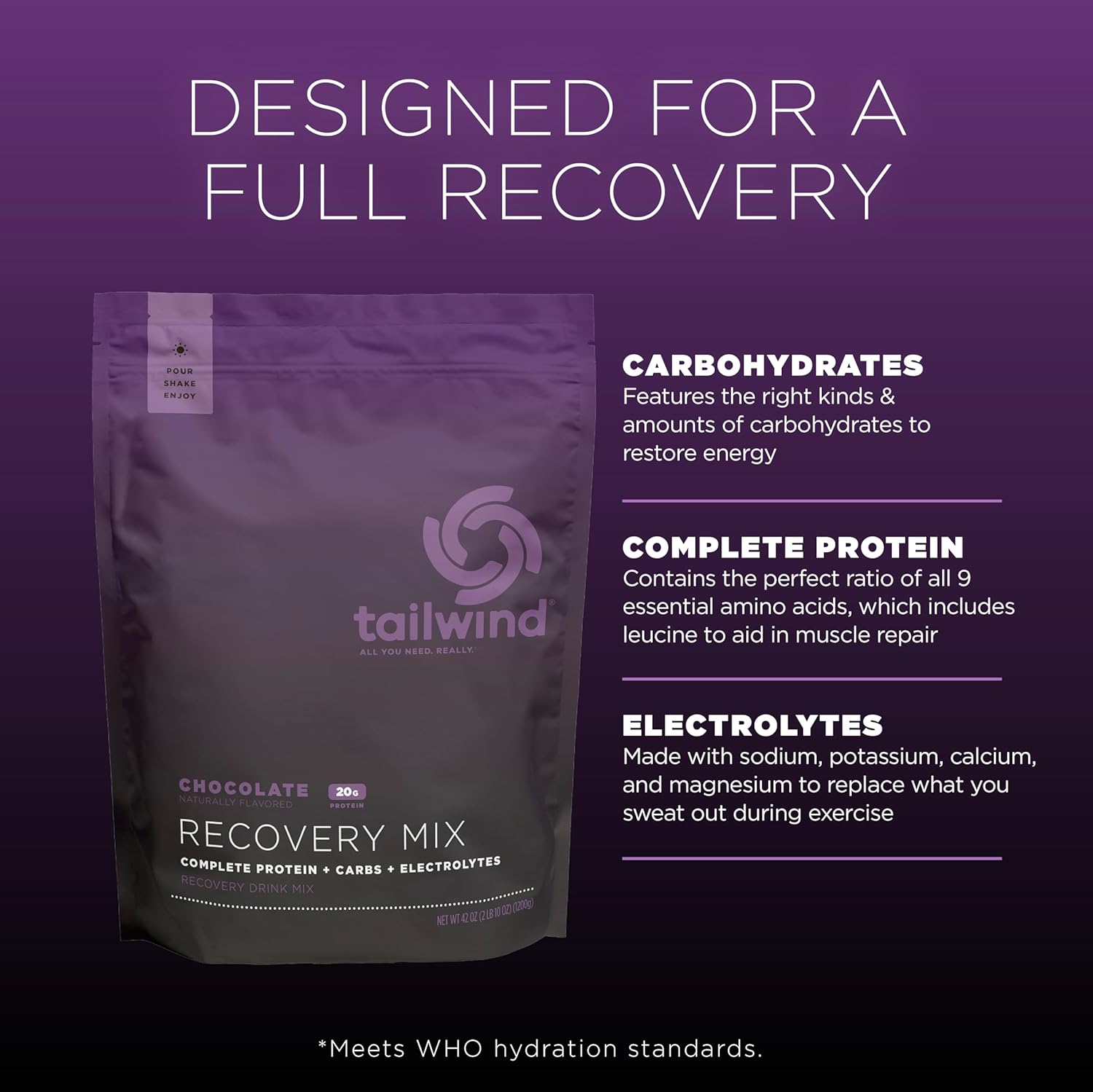 Tailwind Nutrition Recovery Mix, 20 Grams Complete Protein, Carbohydrates, and Electrolytes Powder Drink Mix for Post-Workout, Free of Gluten, Soy, and Dairy, Vegan, 20 Servings, Chocolate