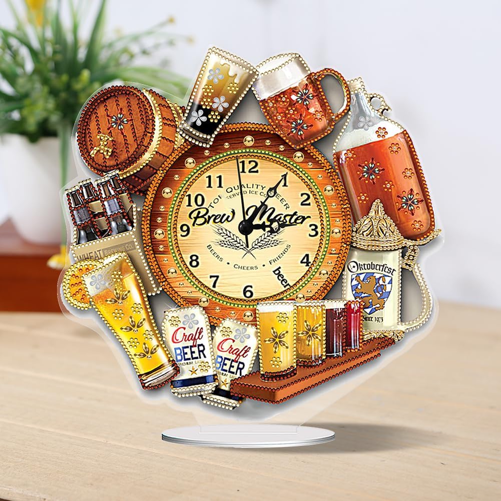Adult Diamond Art Kit - Acrylic Beer 5D Diamond Painting Clock, Special Shape DIY for Living Room and Man Caves (Multicolor-7)