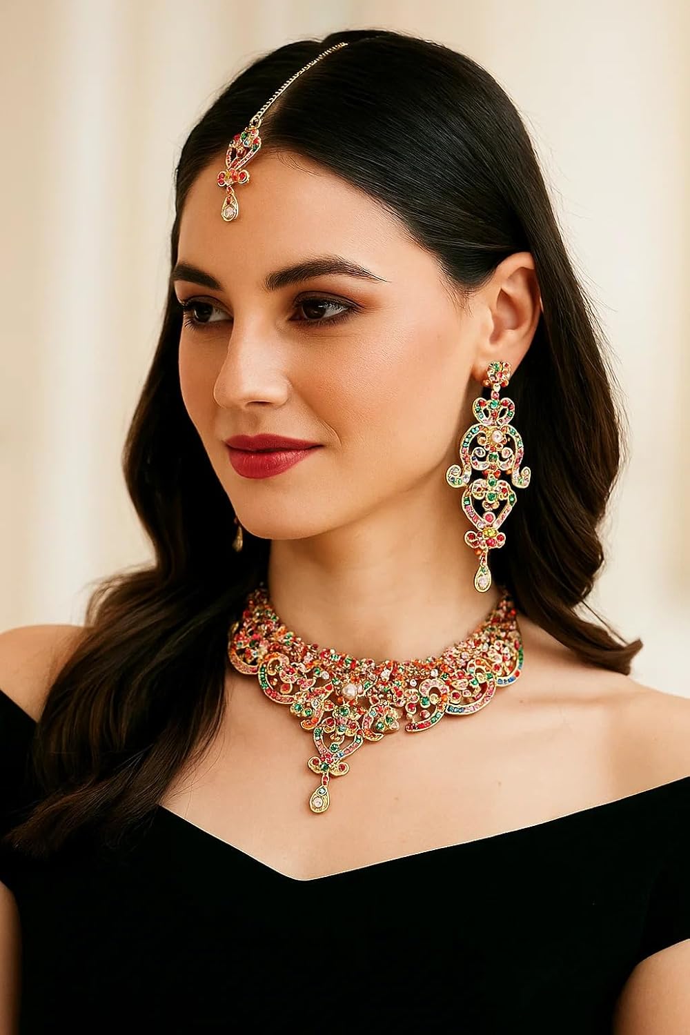 Touchstone Indian jewelry set for women bollywood gold jewellery wedding outfits necklace sets earrings bridal maang tikka fancy costume girls big desi accessories rhinestone in gold or silver tone - Image 2