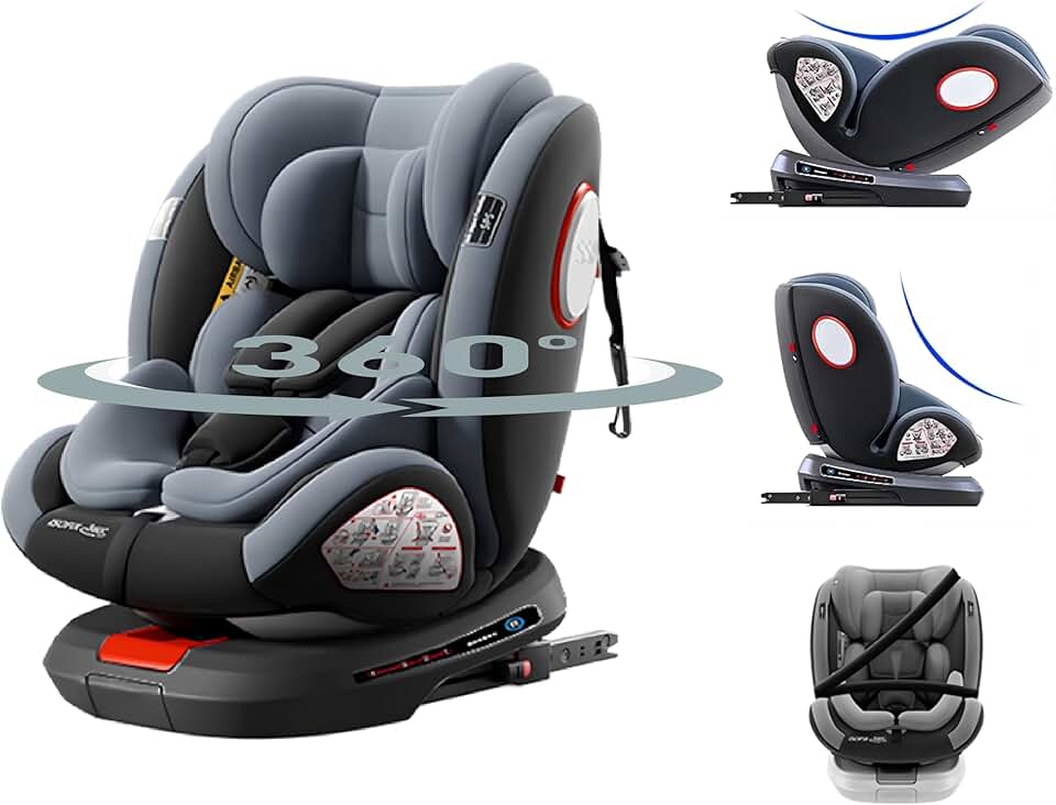 Silla de Auto Giratoria de 360° con Reposacabezas Ajustable, Asiento de Bebé Ajustable Multifunción, Funda de Tela Extraíble para El Asiento (Grey)