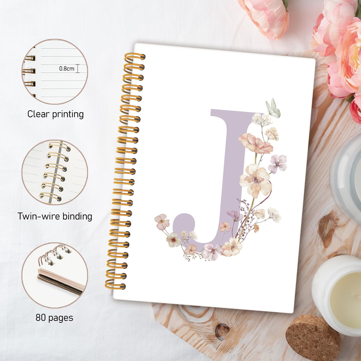 Cuaderno de letra J con inicial J, regalos con monograma para mujeres, cuadernos personalizados para escribir, bonitos blocs de notas personalizados para mujeres, cuadernos florales de tapa