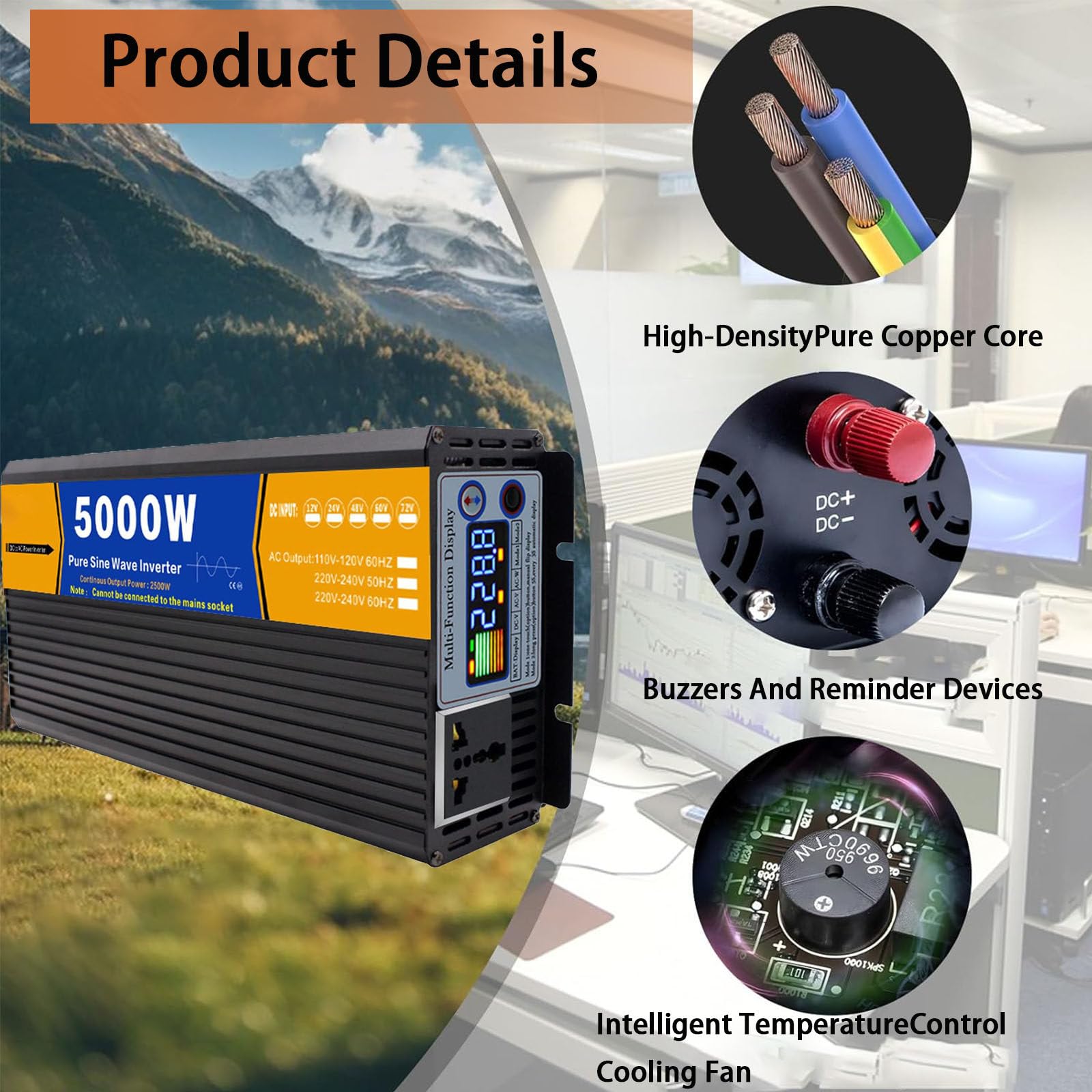 Inversor de Onda sinusoidal Pura de Alta eficiencia, con Pantalla LED y Tomas de AC, Potencia máxima de 3000W/4000W/5000W/6000W/8000W,para Casas rodantes Camping 5000w-24v