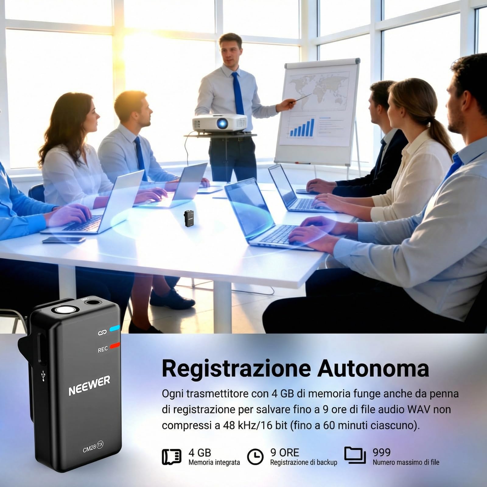 NEEWER CM28 Microfono Lavalier Wireless con Anti Rumore Smart, Registrazione Non Compressa a 48kHz/16bit per 9h, Portata 200m, Memoria 4GB per iPhone Android Fotocamera,1 RX+ 2 TX + Custodia Ricarica