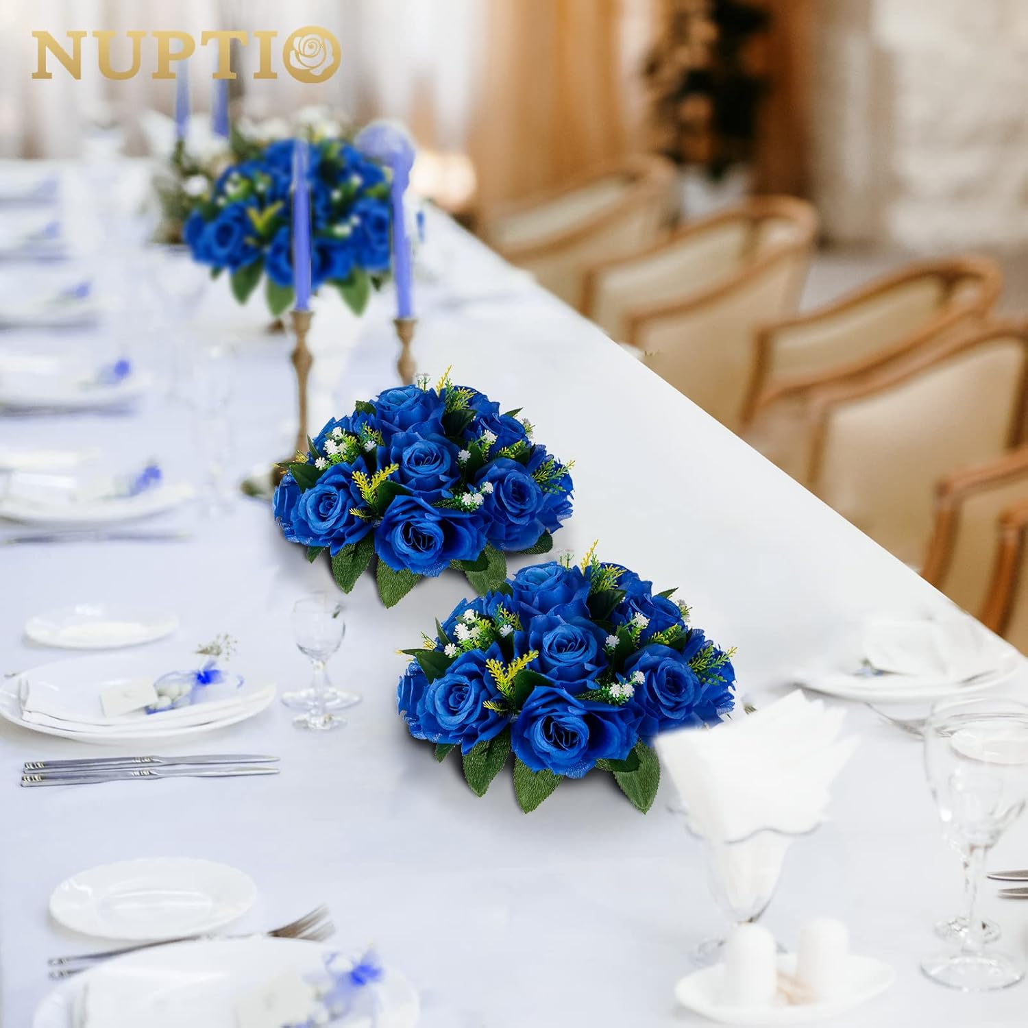 NUPTIO Flower Ball Arrangement Bouquet - 10 Pcs 9.5 inch Diameter Royal Blue Fake Flowers Roses Balls for Centerpieces Tables - Artificial Rose Arrangements for Wedding Centerpiece Table Decorations - Image 3