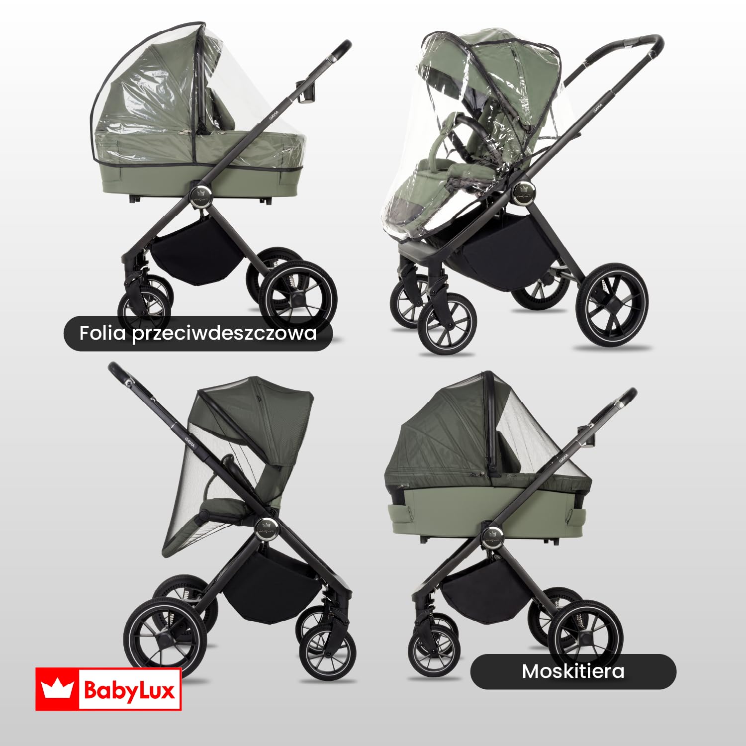BabyLux Wielofunkcyjny Wózek Dziecięcy 3w1 GAVIA Lekki i Kompaktowy | Gondola, Spacerówka, Fotelik Samochodowy, Składana Aluminiowa Konstrukcja Stelaża, Regulowane oparcie, Akcesoria