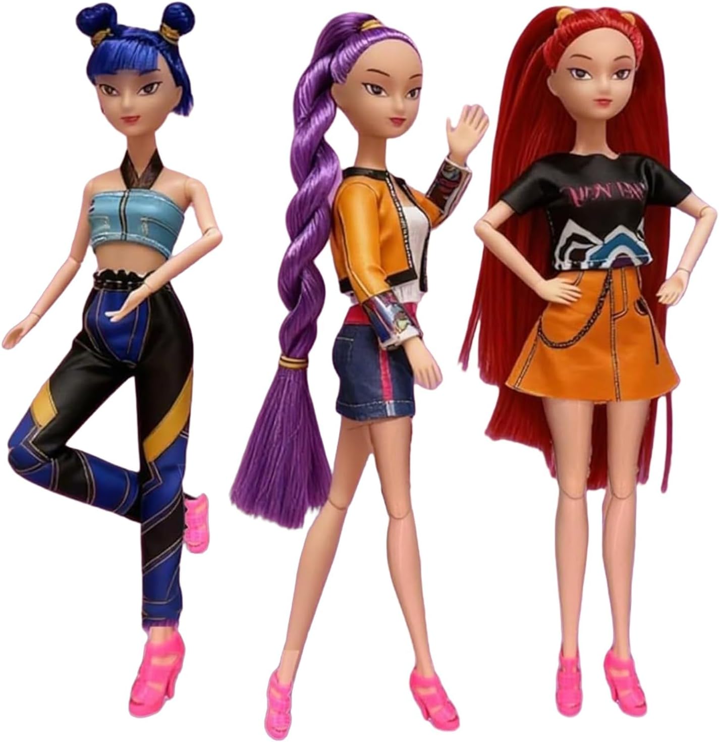 KPop Demon Hunters articulated action figures showing detailed character designs with accessories