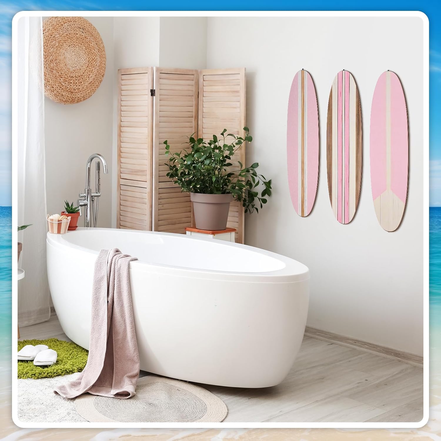 Gerrii 3 Pieces Surfboard Wall Decor 23.6" x 5.4" Preppy Beach Room Decor Aesthetic Large Wooden Cute Beachy Tropical Wall Art for Surfer Bedroom Bathroom Decorations(Pink,Stripe)