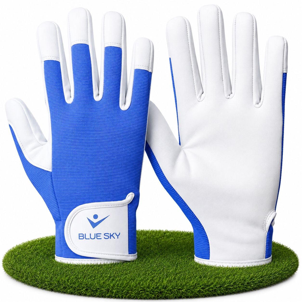 BLUESKYPORTS Gardening Gloves for Women & Men Breathable Work Gloves with Cowhide Leather Palm, Adjustable Velcro Wrist, Durable Garden Gloves for Planting, Weeding & Yard Work (Blue & White, XL)