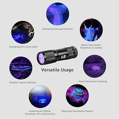 Miniatura 6 de LE LED Ultravioleta  luz negra Linterna UV LED 9 LED 395nm detector de manchas y orina de mascotas baterías AAA incluidas encuentra manchas en ropa