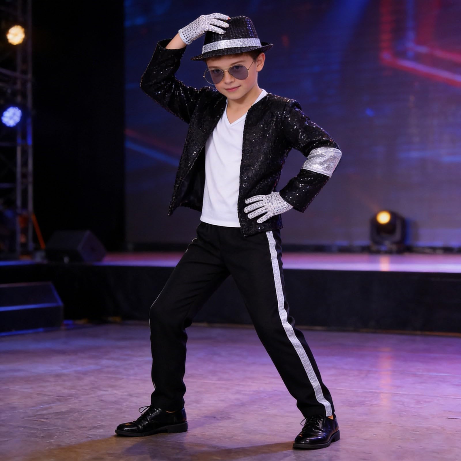 Generico Costume Pop Star Anni '80 '90 per Bambini Ragazzi 3-12 Anni, Set 5 Pezzi con Giacca Nera con Paillettes, Pantaloni, Cappello, Guanto – Spettacoli Halloween