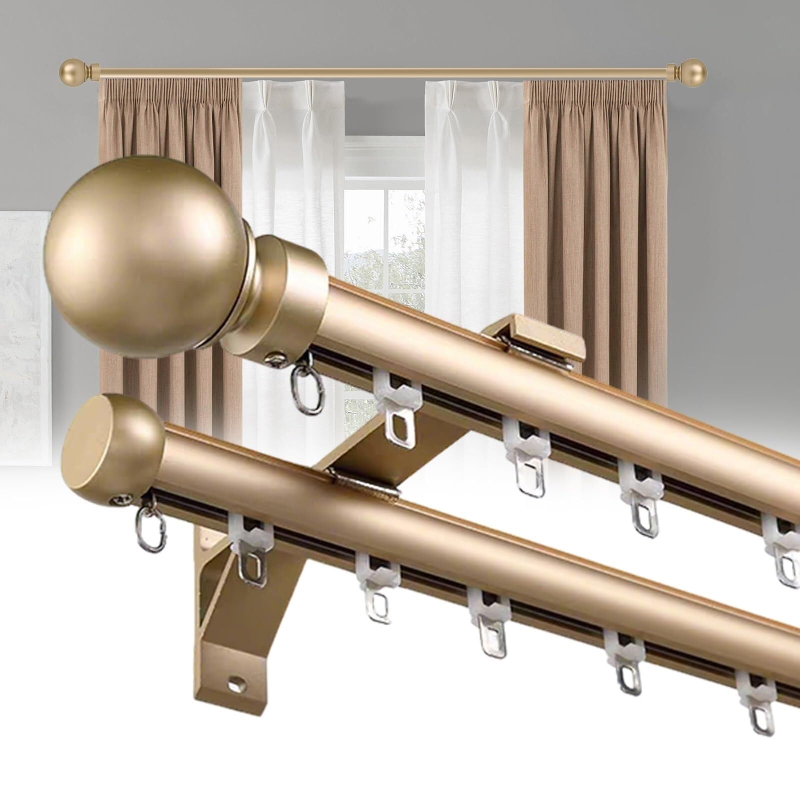 WQPMNYG Heavy-Duty Double Curtain Rods for Windows - 4.1m (13.5ft) Wall Mount Silent Track Gold Dual Rod System for Room Divider & Hotel Use Durable & Stylish Curtain Solution