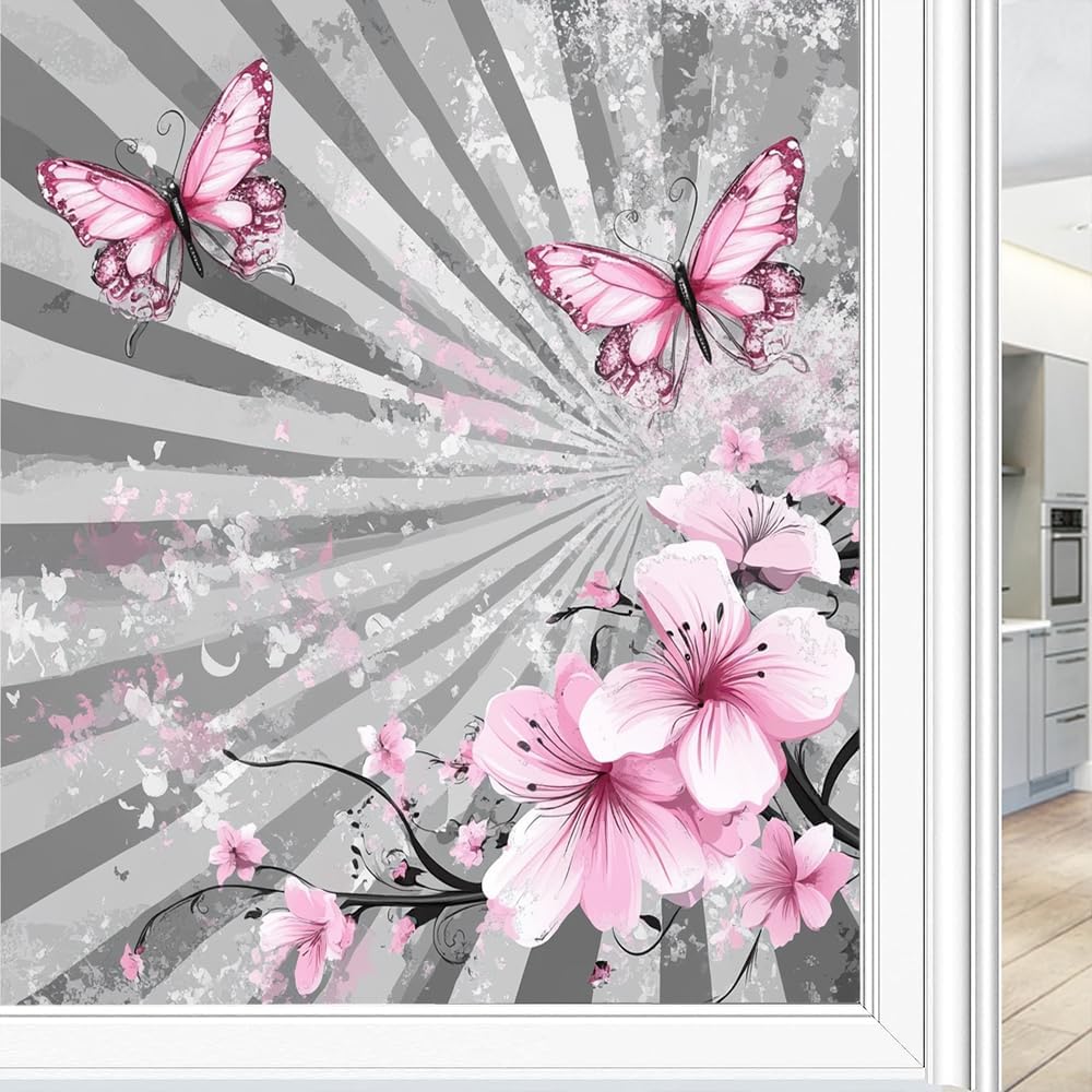 Modern Colorful Cherry Blossoms Window Film Privacy Striped Floral Butterfly Decorative Stained Glass Decal for Home, Adhesive Window Sticker 35.4Wx55.1L inch