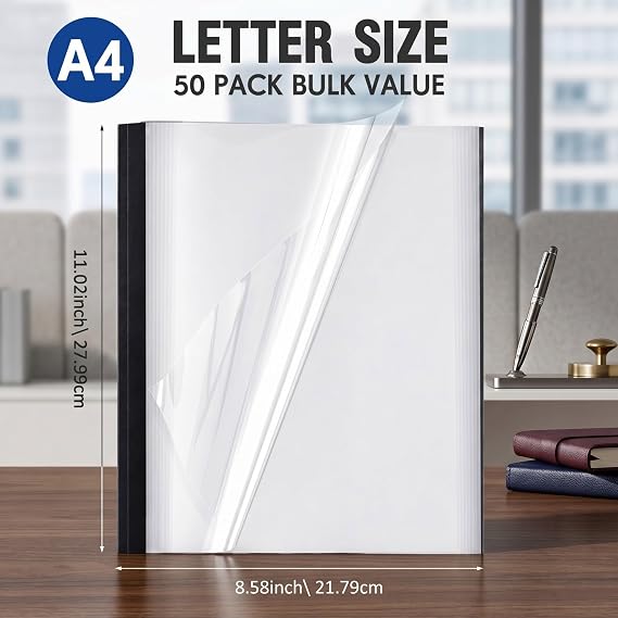 50 Pack Letter Size Thermal Binding Covers 1/8 Inch Spine for 16-25 Sheets, Clear PET Front Black Cardstock Back, Presentation Report Covers for Thermal Binding Machines, for Office, School