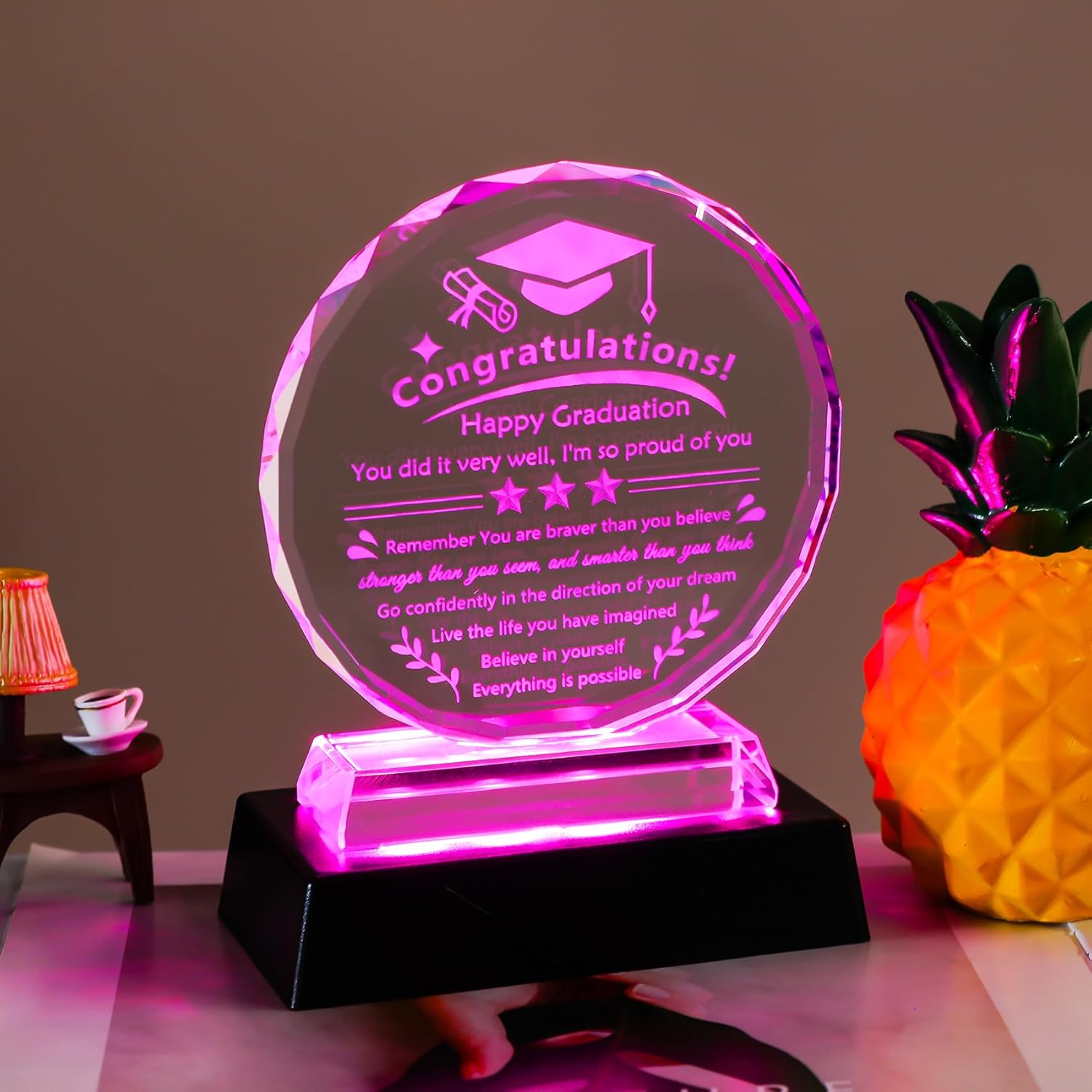 YWHL Graduation Gifts for Her Him 2025, Inspirational High School College Masters Degree Graduation Gifts for Women Men, Crystal Keepsake Graduation Plaque with Colorful Led Base for Daughter Son