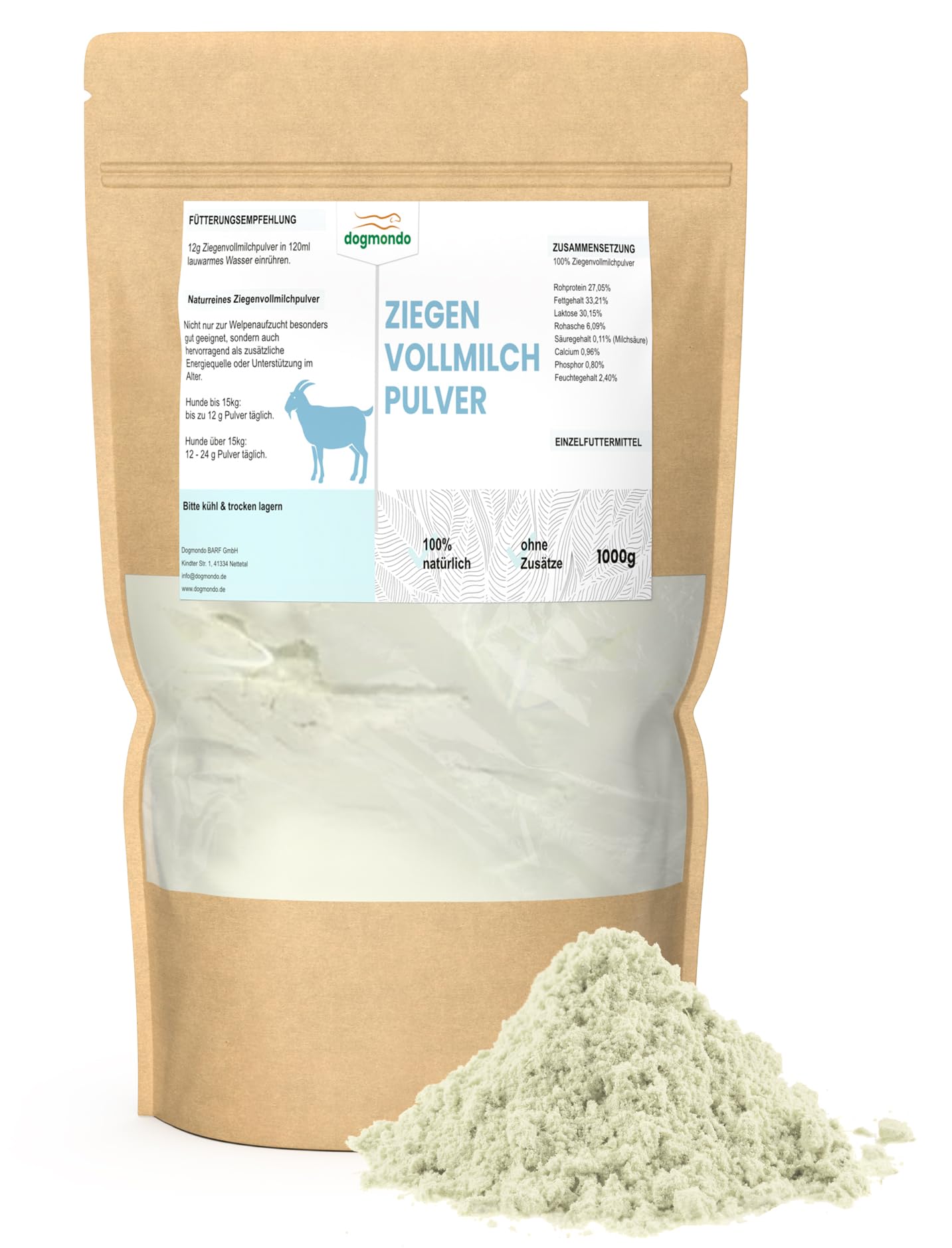 Dogmondo's Ziegenvollmilchpulver 1000g - Premium Ziegenmilch, Welpenmilch, Ersatzmilch ohne Zusätze. 100% Naturprodukt für Hunde, Katzen, Welpen und Kätzchen