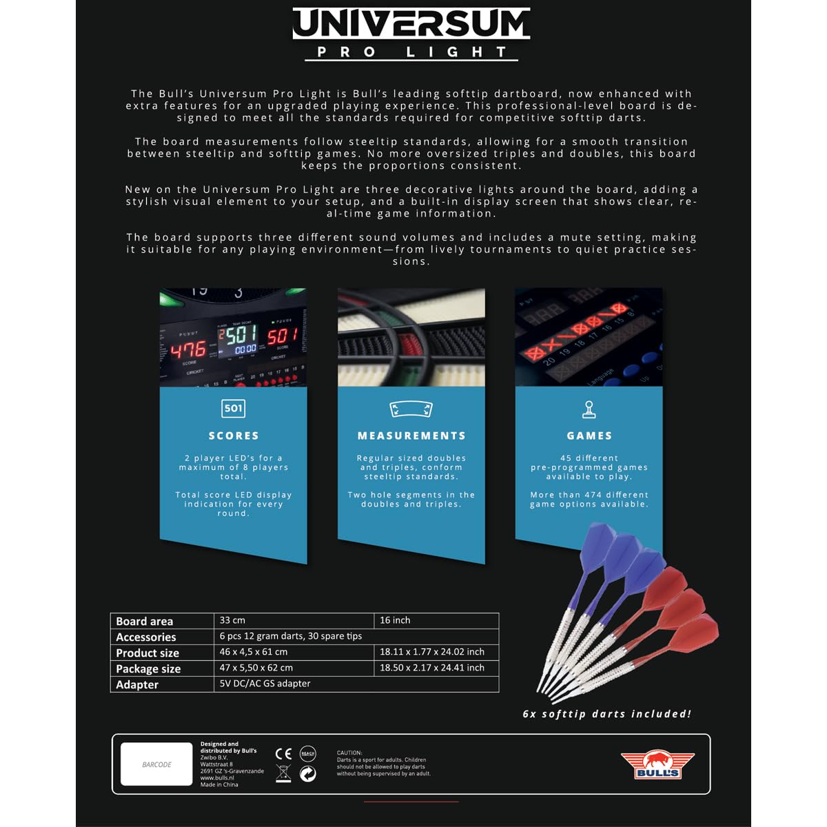 Bull’s Universum Pro L Elektronisches Softtip Dartboard – LED Beleuchtung, 45 Spiele / 474 Varianten, für bis zu 8 Spieler, inkl. Darts & Zubehör