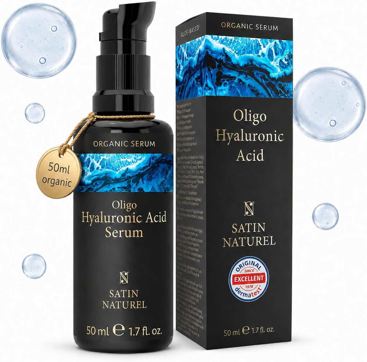 Satin Naturel Oligo Hyaluronic Acid Serum 50ml – Collagen-Boosting Face Serum with Organic Aloe Vera for Sensitive Skin – Vegan Skincare