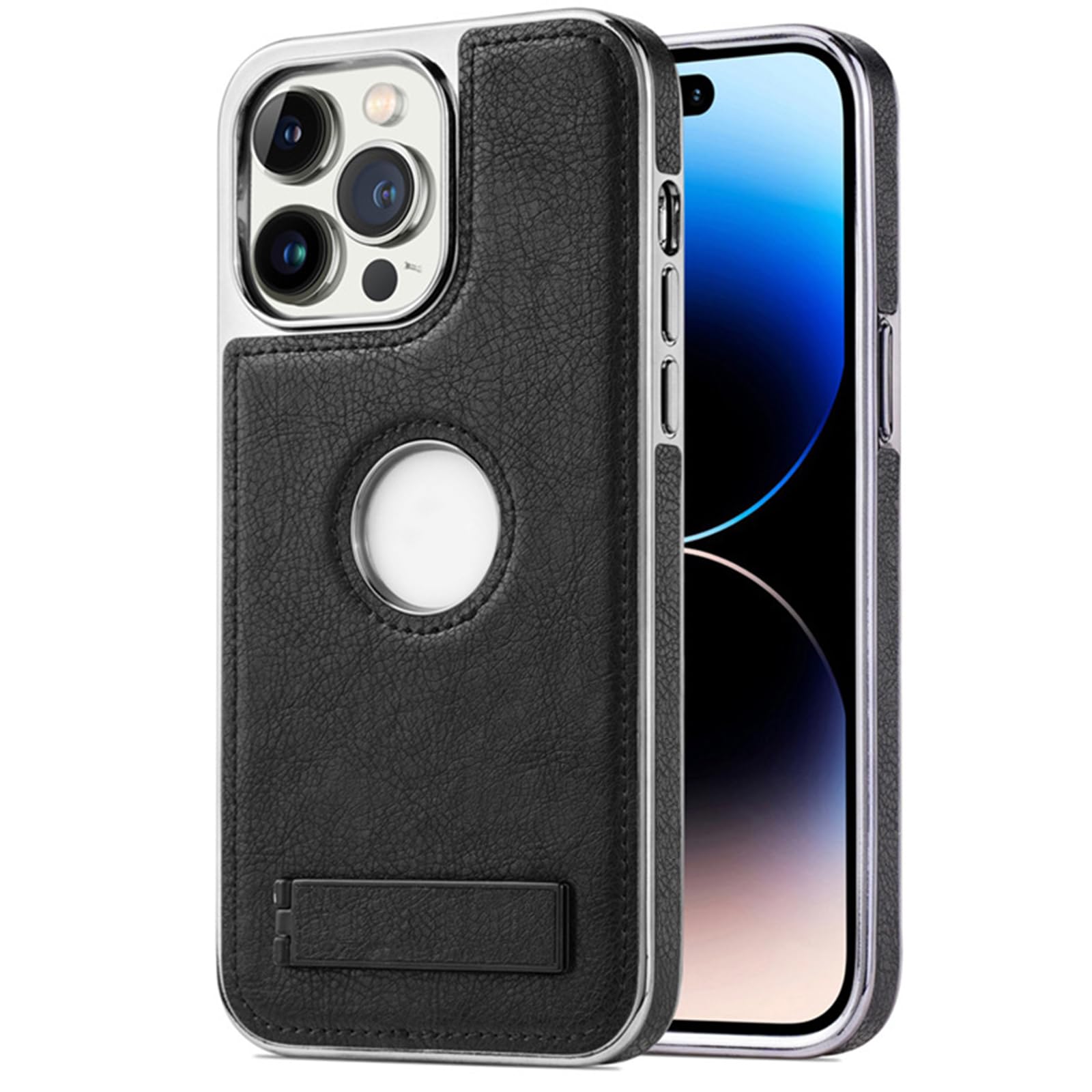 Galwanizowane etui do iPhone 16 Pro Max/16 Pro/16 Plus/16, wąskie skórzane etui z uchwytem z logo widoku, odporne na wstrząsy, etui ochronne na aparat, czarne, 16