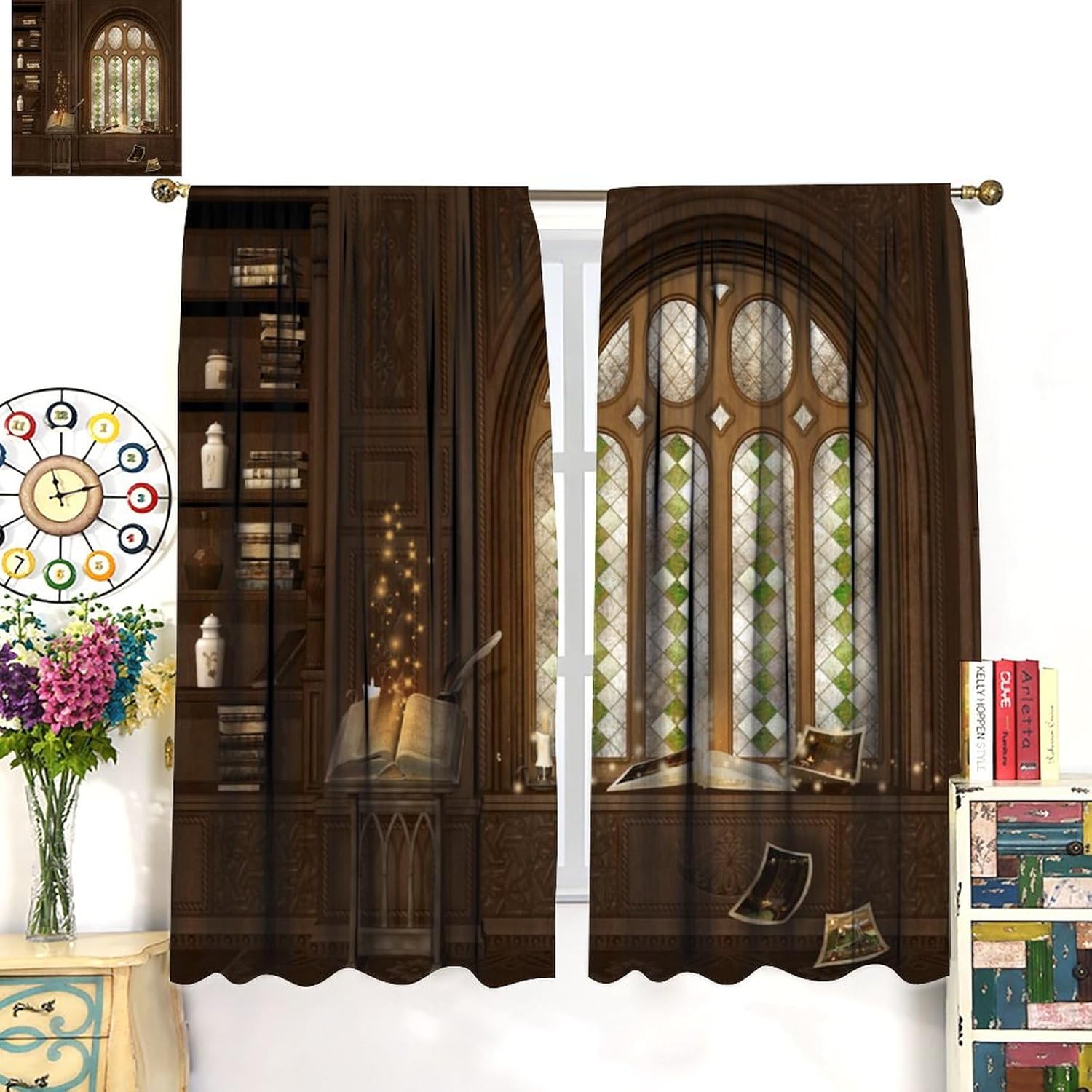 Vintage Gothic Architecture Curtains, Books with Magic Glitter Retro Carved Wall, Blackout Thermal Insulation Rod Pocket Window Treatments for Living Room Bedroom Bathroom (21x45in) x2 Panels