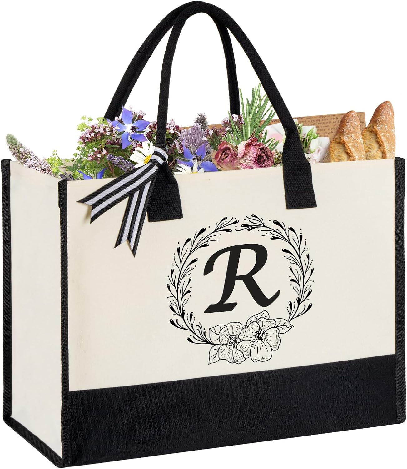 Miokok Personalized Initial Canvas Tote Bag, Beach Bags for Women Birthday Gifts, Wedding Gift for Mom Teachers Friends Nurse