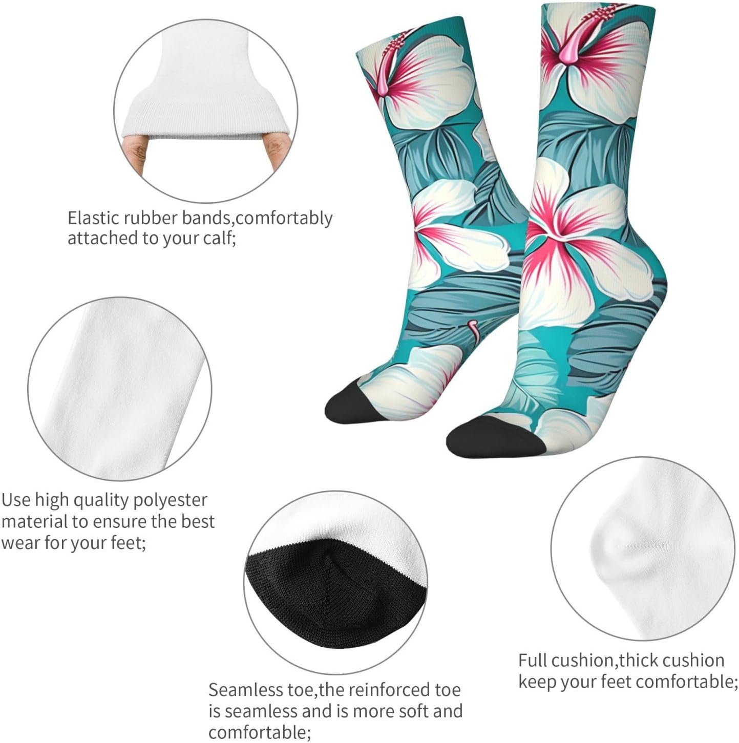 Tropical Hibiscus Flowers Crew Socks for Men Women Moisture Wicking Cushion Athletic Sock Casual Novelty Socks Gift