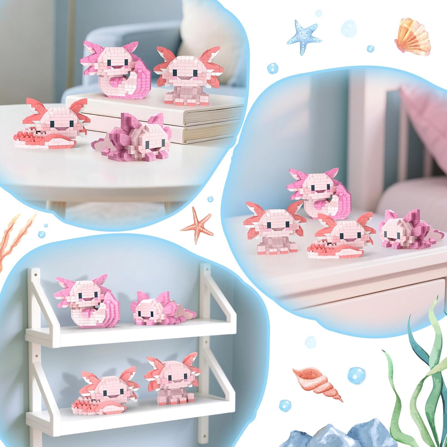 HIGH GODO 4 Axolotl Party Favors Building Set, Mini Axolotl Toy Figurines, Goodie Bag Stuffers, Classroom Prize Box, Gifts for Adults Teens Age 14+