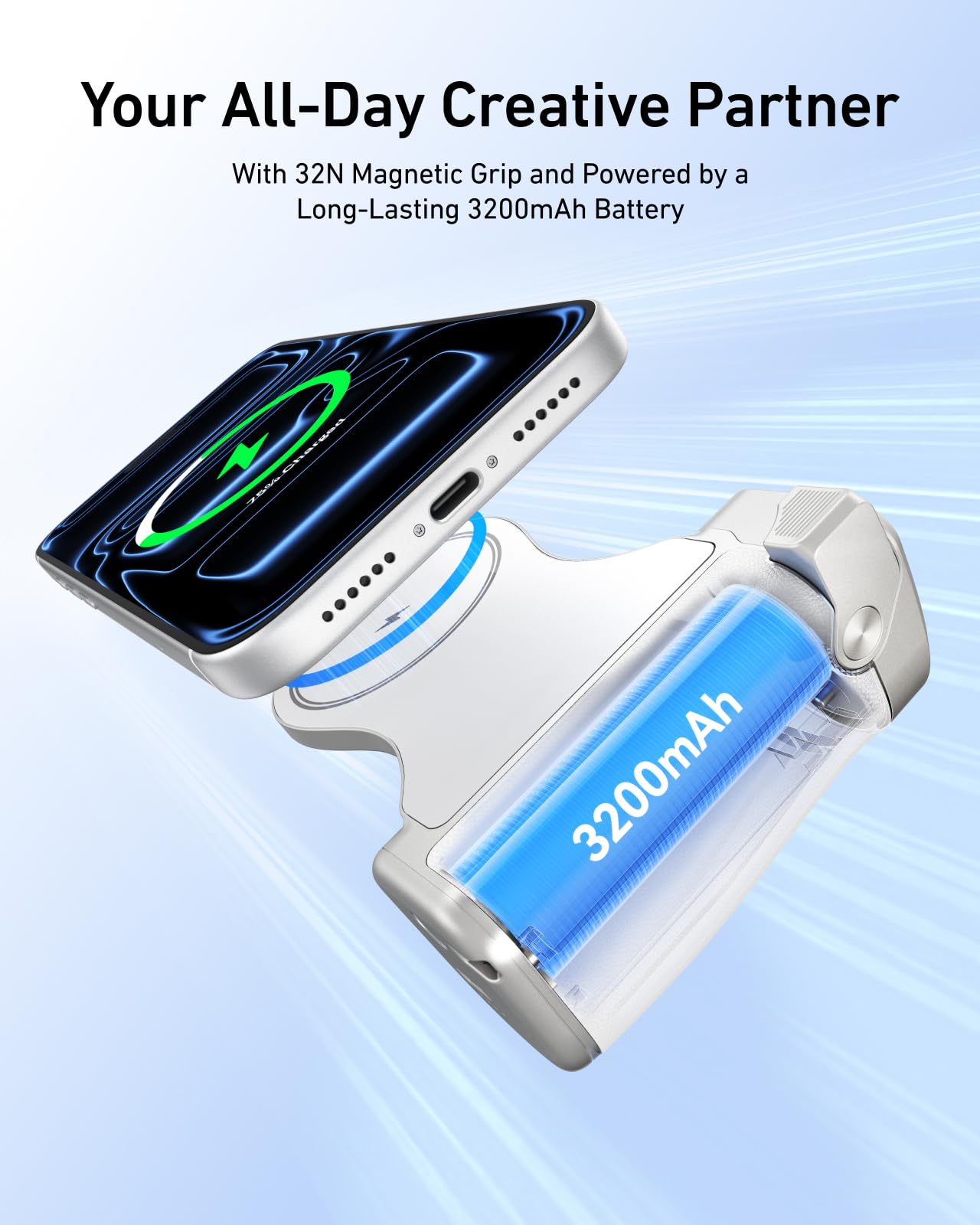 TELESIN Pro Shot Imaging Grip + Beauty Selfie Blitzlicht für iPhone 17 16 15 14 13 12 & Android | DSLR-Stil Ergonomischer MagSafe Griff, 32N Magnetkraft | Vlog, YouTube & Zoom Content Creator Kit