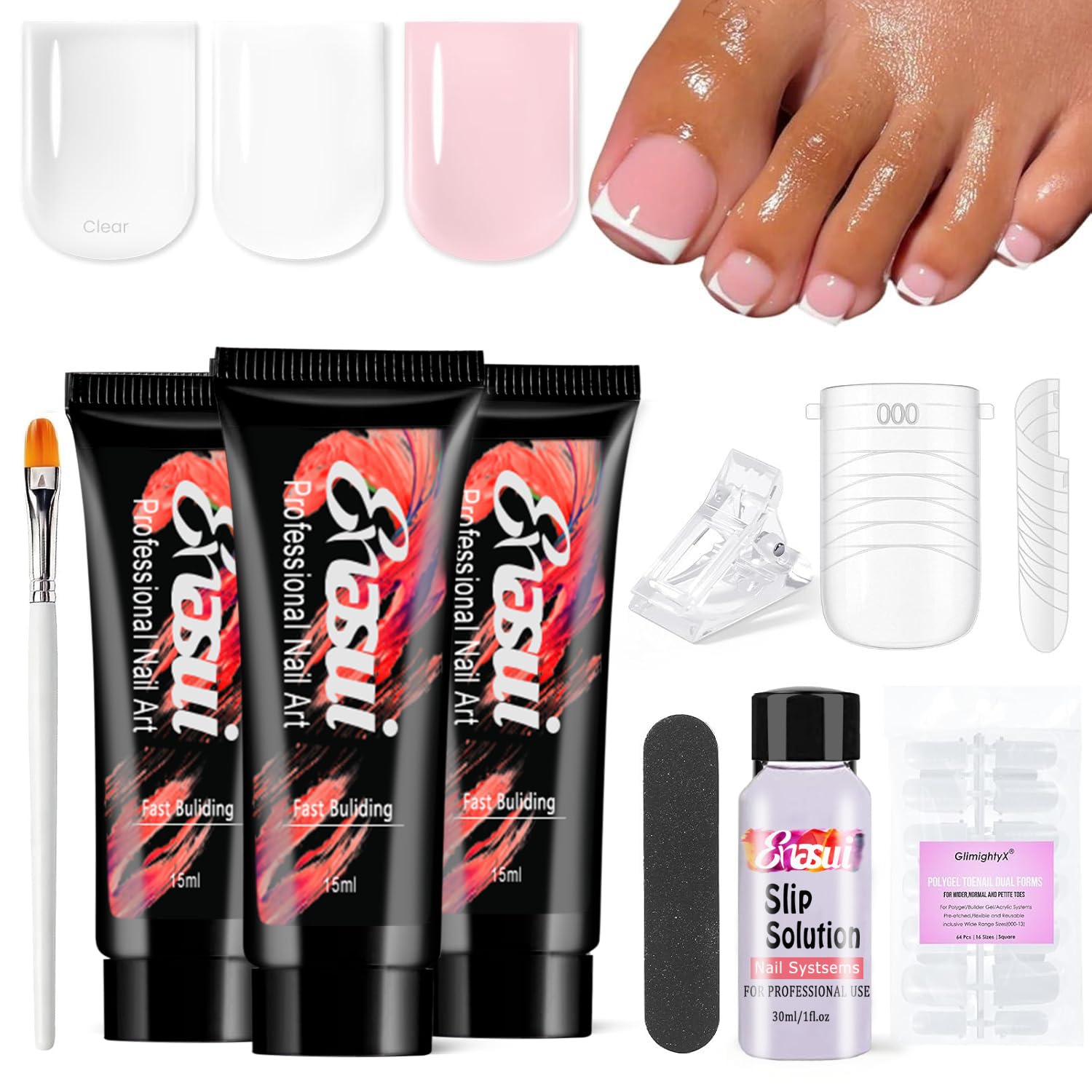 3 Color Clear Pink White Poly Gel with 16 Sizes Dual Forms 30ml Slip Solution Nail Clips File Brushes,Toenail Extension DIY Salon Home (01-3 Colors Basic Polygel Toenail Kit)