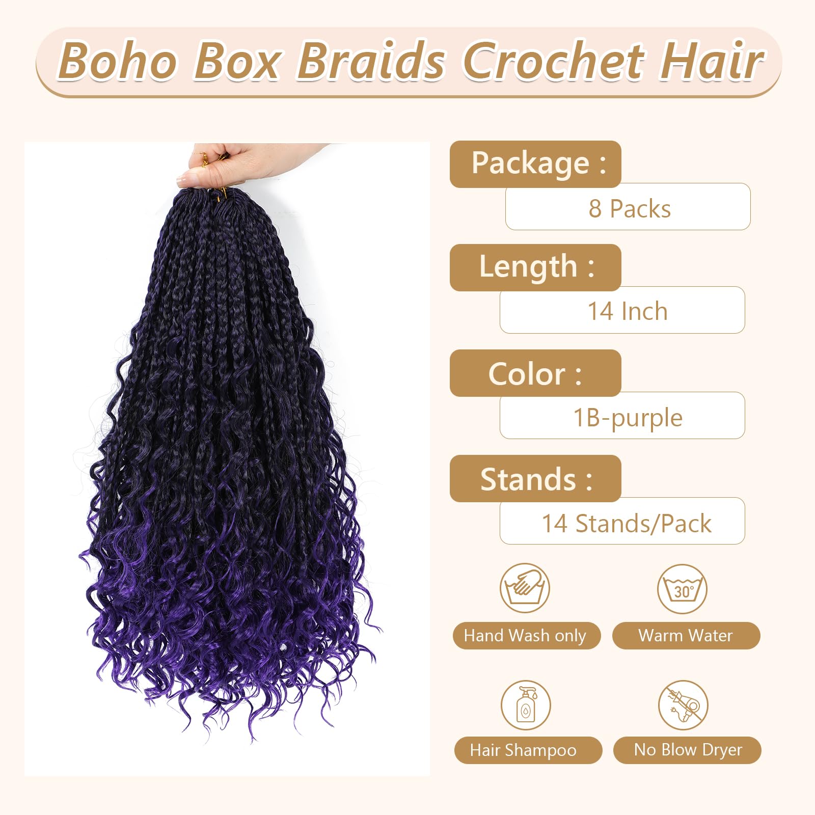 Crochet Braids Hair Extensions 8 Packs 14 Inch Boho Braids with Curly Ends Pre-Looped Crochet Hair Extensions for Black Women Goddess Braid Extensions Hair(1B/Purple#) - Image 3