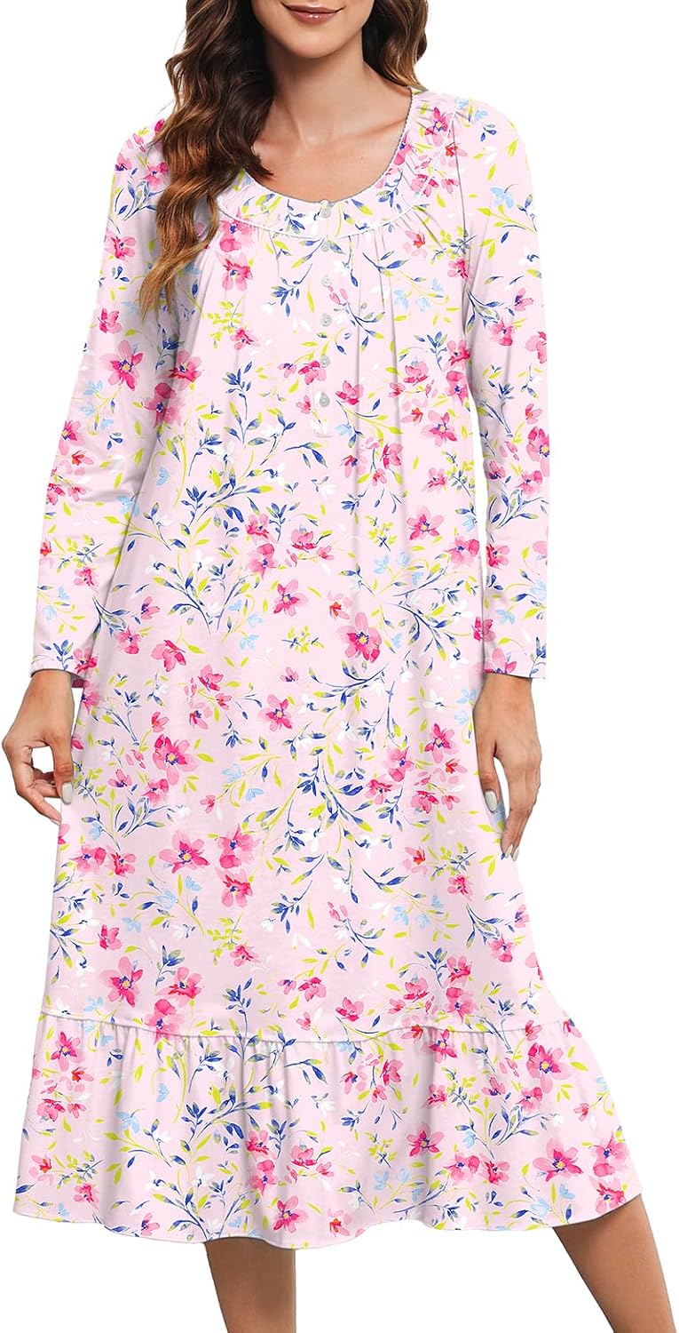 MZROCR Cotton Nightgowns for Women Soft Long Sleeve Night Gowns for Adult Women Comfy Night Shirts Lightweight Sleepwear