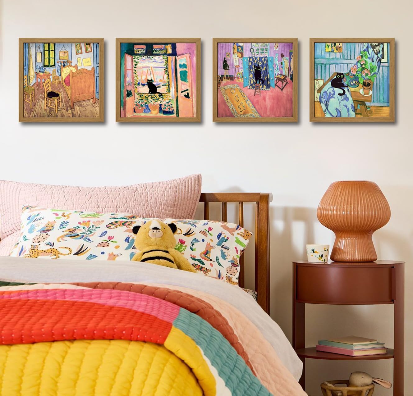 Matisse Cat Wall Art, Framed Abstract Colorful Canvas Prints, Henri Matisse Inspired Aesthetic Posters Black Cat Wall Decor for Living Room, Bedroom, Bathroom 11x11 Inch