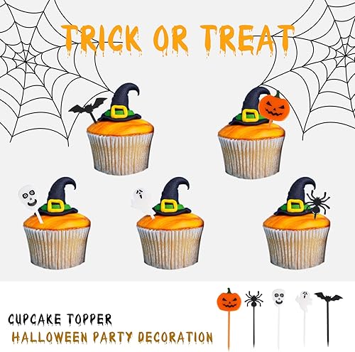 Miniatura 4 de CCINEE 80 púas de plástico para Halloween, para cupcakes de Halloween, palillos de alimentos, arañas de calabaza fantasma, murciélagos, calavera