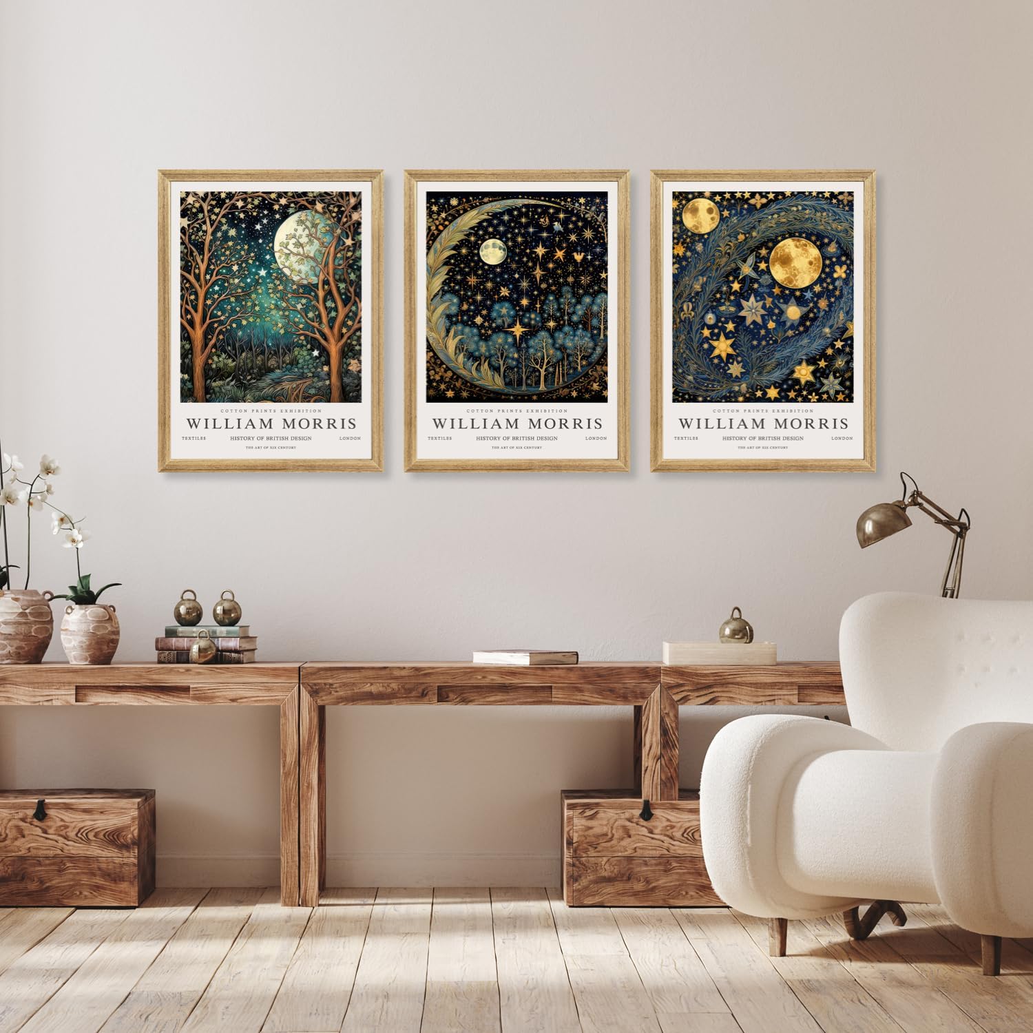Hianan William Morris Canvas Wall Art, Vintage Gold Moon Stars Poster Prints, Many Dreamlike Stars Wall Decor, Retro Botanical Aesthetic Picture for Bedroom Living Room Office Wood Framed 12"x16"x3