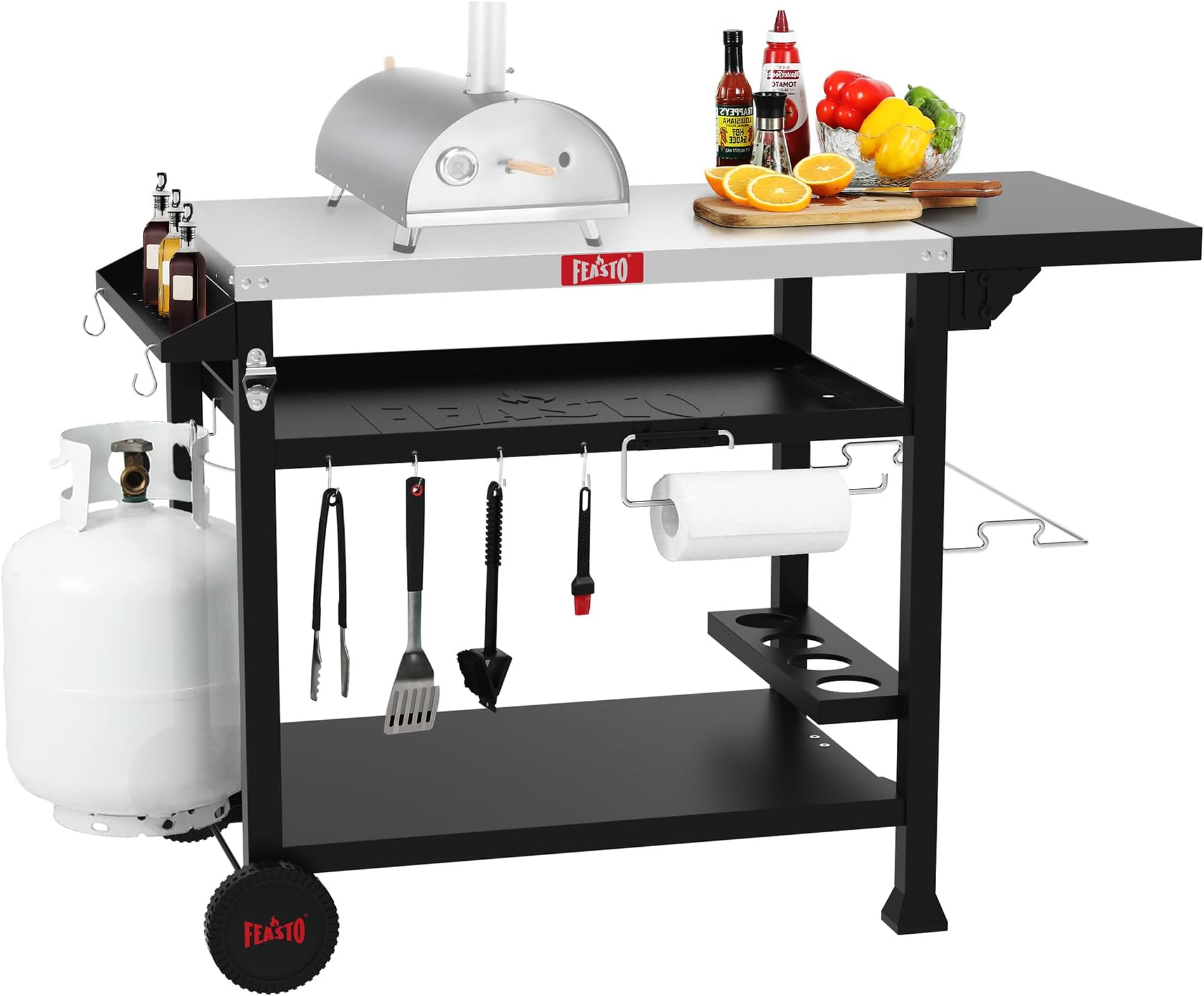 Feasto Outdoor Grill Cart, Pizza Oven Table Stand for Outdoor Indoor, 50" x 22" Stainless Steel Tabletop Dining BBQ Grill with Wheels for Food Prep, 3-Shelf Kitchen Cart Table