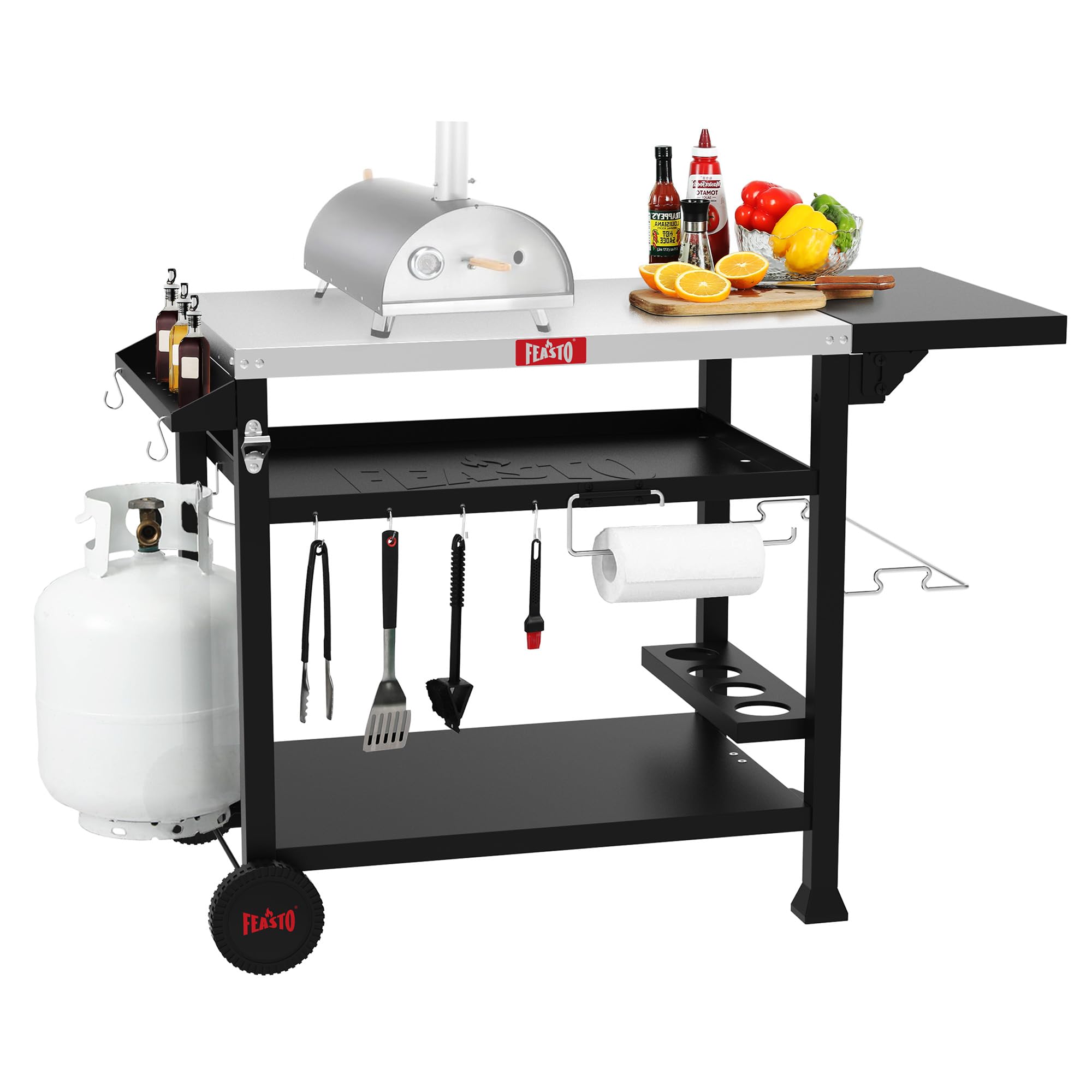 Feasto Outdoor Grill Cart, Pizza Oven Table Stand for Outdoor Indoor, 40" x 26" Stainless Steel Tabletop Dining BBQ Grill with Wheels for Food Prep, 3-Shelf Kitchen Cart Table
