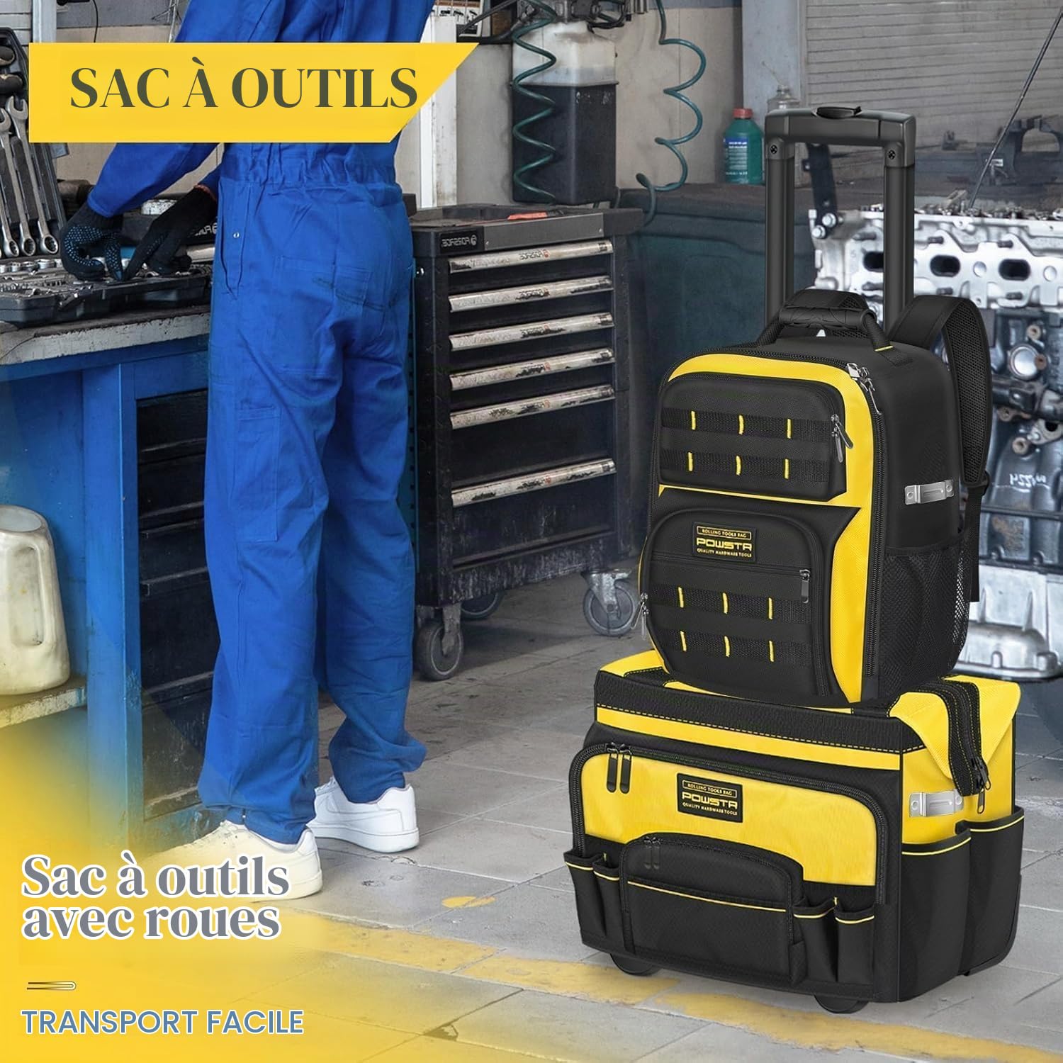 Sac à Outils à Roulettes De 50,8cm Avec Poignée Télescopique Réglable, Base Stable et 15 Poches – Idéal Pour la Construction, la Mécanique, le Travail du Bois, l'entretien et Plus Encore