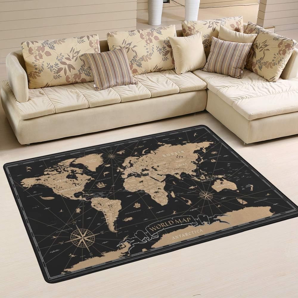 Kuizee Area Rug World Map Vintage Black Golden Detailed Rectangle Oversize Doormat Coral Fleece Living Room Parlour Bedroom Home Decor Carpet 80 x 58 inch