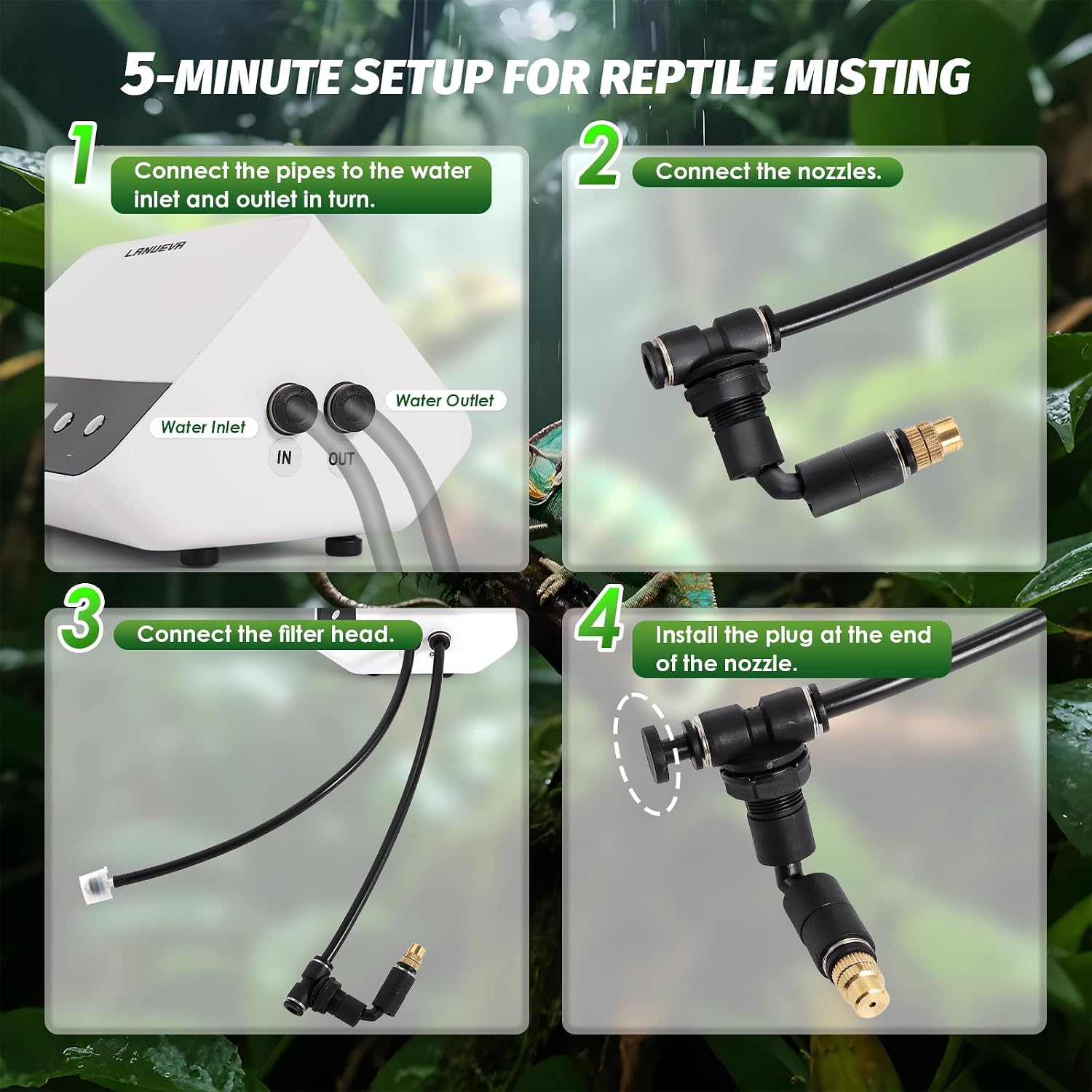 LANUEVA Timing Reptile Smart Mister, Terrarium Misting System with 3 Single Nozzles 360°Adjustable + 1 Double Nozzle, Reptile Fogger Humidifier for Lizard, Chameleon, Plants, Amphibian, Vivarium, Tank