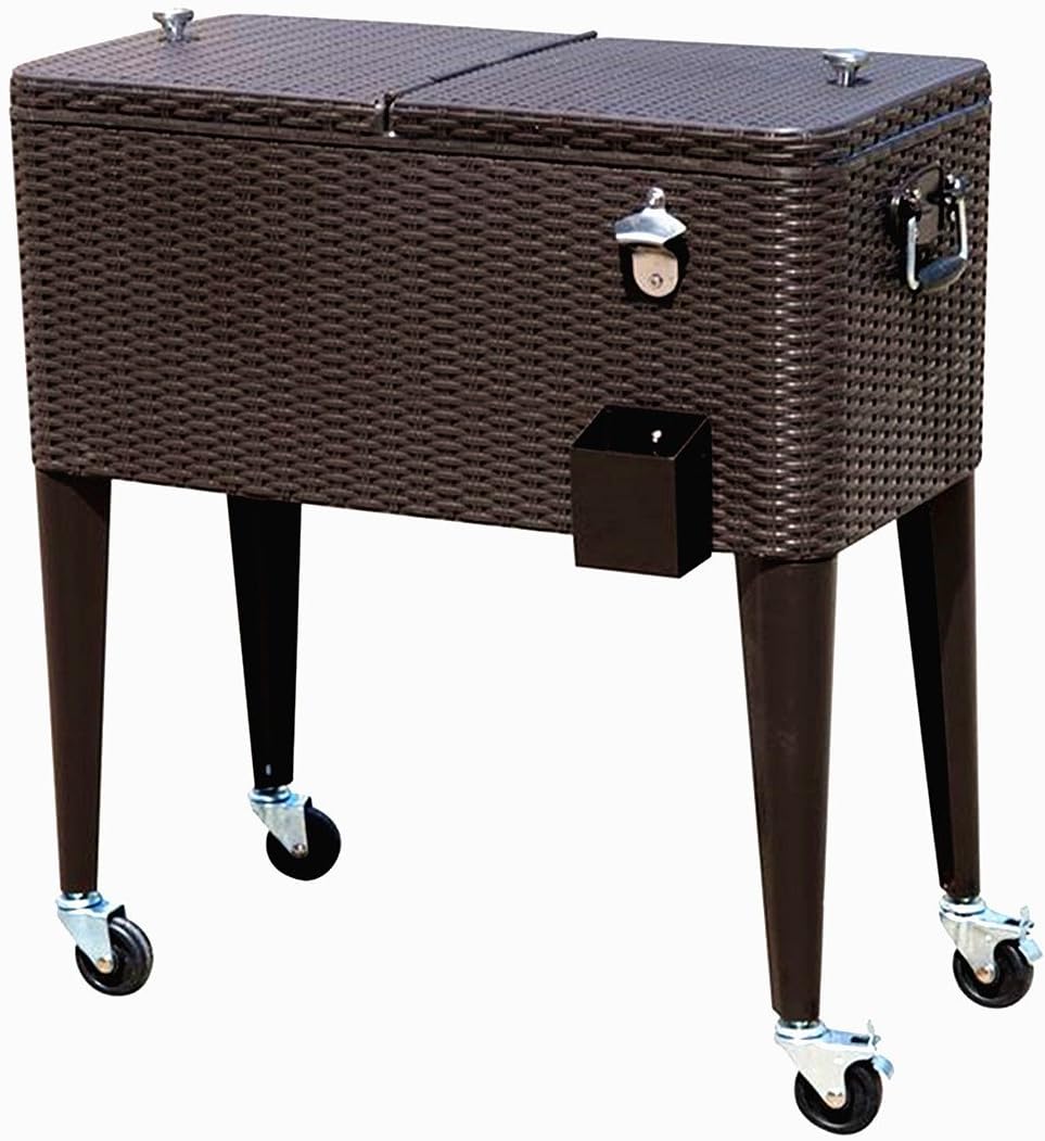 HIO 80 Qt Outdoor Patio Cooler Table On Wheels, Rolling Cooler, Dark Brown Wicker