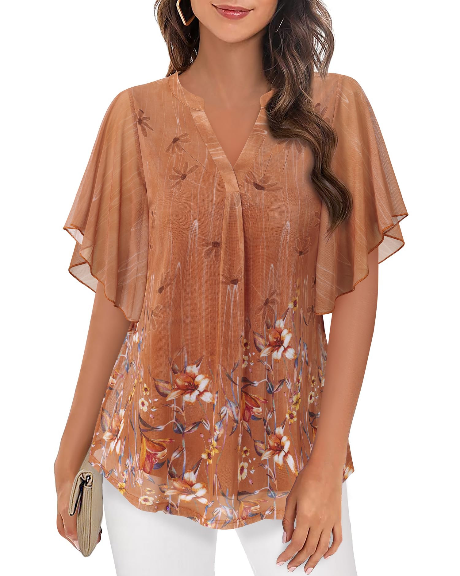 Vafoly Chemisier d'été élégant à manches courtes, col en V, en maille, motif floral, double couche