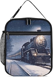 Winter Christmas Snow Night Railway Train Lunch Bag Portable Insulated Lunch Box Reusable Large Capacity Picnic Box Water-Resistant Tote Bag for Work Travel Outdoor Camping