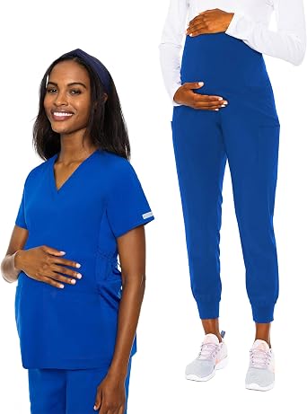 Med Couture Medical Scrub Set for Women Maternity V-Neck Top MC628 Maternity Jogger MC029 with Jersey Knit for Belly Coverage, Royal - S Top/S Petite Pant