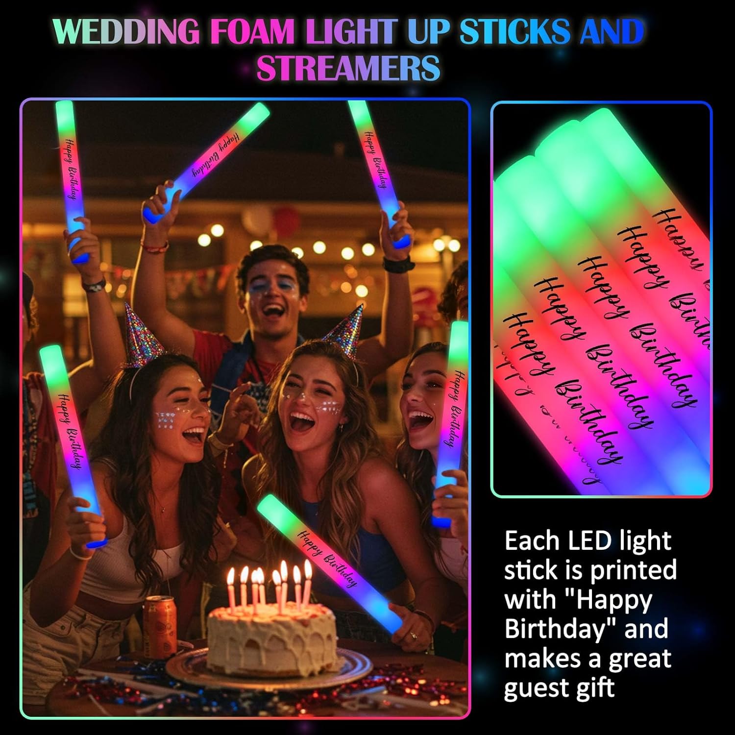 50 Pack Wedding Glow Sticks for Reception LED Foam Light up Sticks Light Stick Bulk with 3 Modes Colorful Flashing for Wedding Send Off Party Favors, Dance Floor, Birthday
