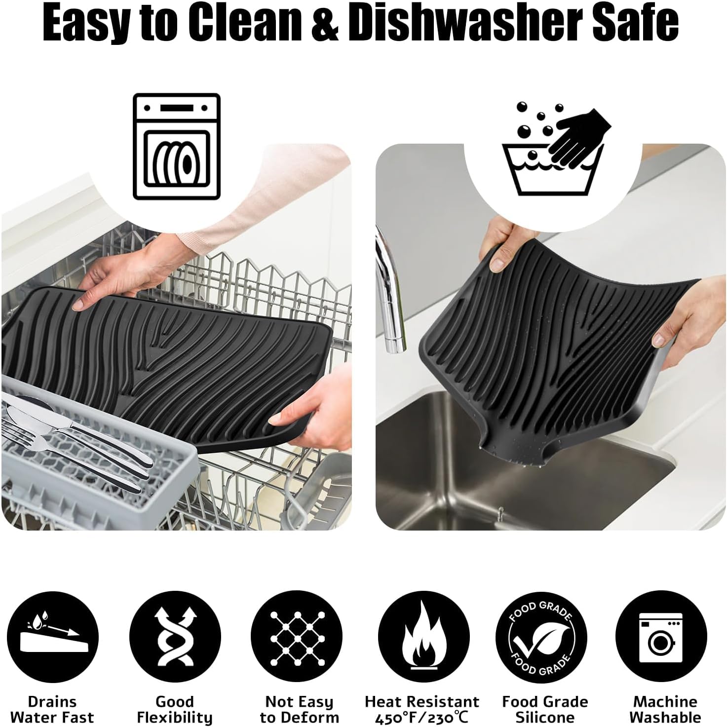 TIKNIK Silicone Dish Drying Mat, Stone Drying Mat for Kitchen Counter with Built-In Drain, Non-Slip Drain Pad with Built-in Drain, Heat Resistant Stone Drying Mat, Hangable, Black-1pc, 20" x 15"