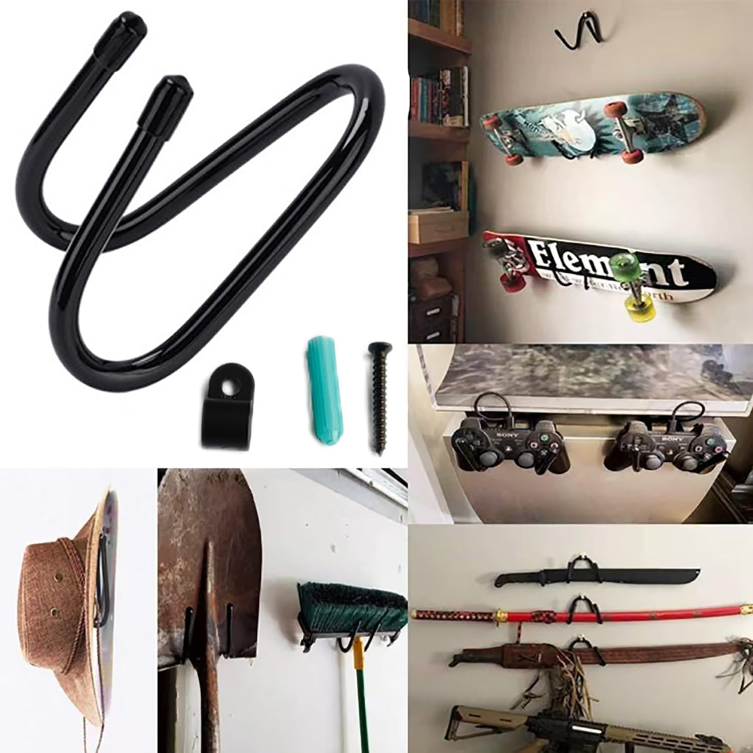 Uchwyt ścienny na deskę longboard – czarny, 17 x 7 x 6 cm, wieszak na haczyki, uchwyt ze śrubami do zawieszenia, do Pennyboard, gitary, stojak, uchwyt ścienny, stojak na gitarę,