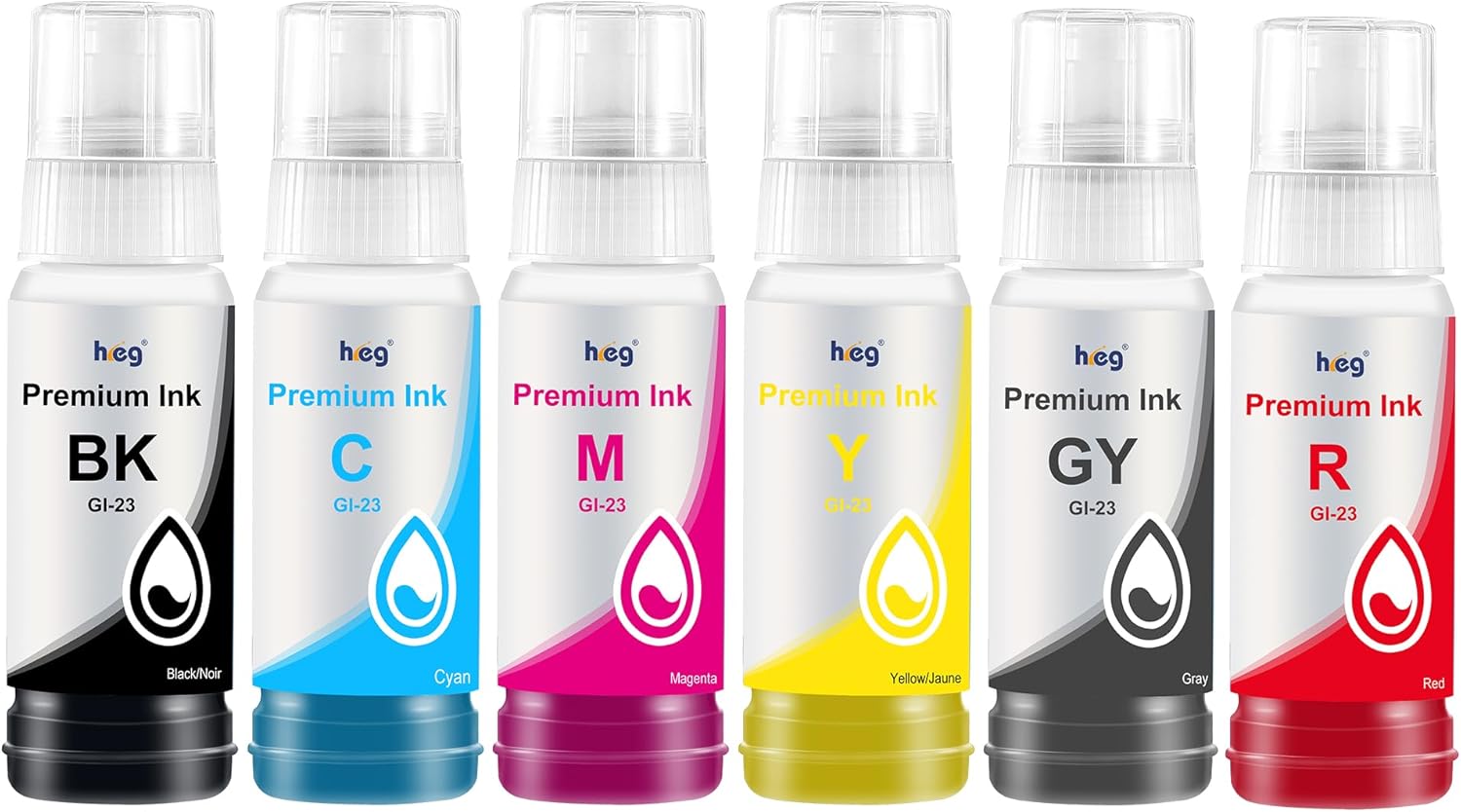 HEG GI-23 GI23 Ink Bottle Compatible for Canon Pixma G520 G620 Printer GI23 Black Cyan Magenta Yellow Gray Red Ink Refill Bottles(6 Pack)