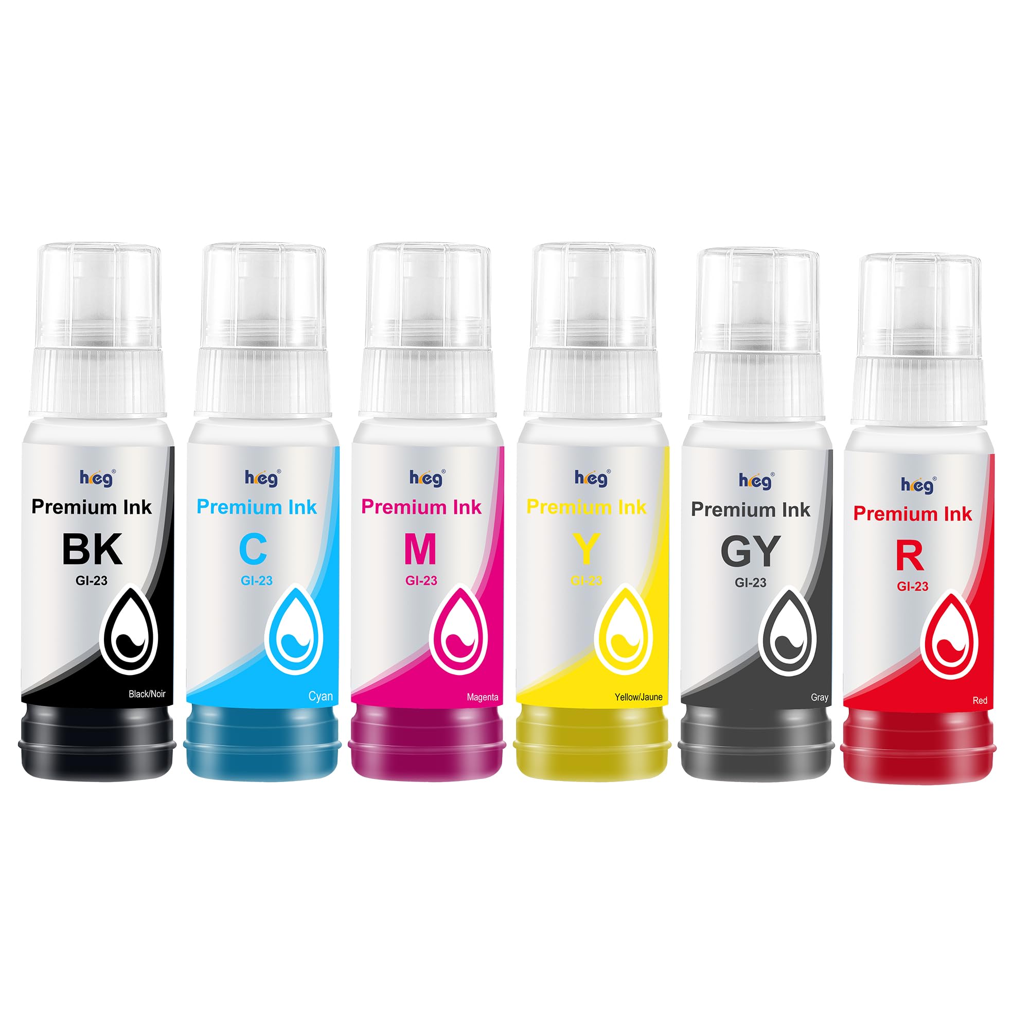 HEG GI-23 GI23 Ink Bottle Compatible for Canon Pixma G520 G620 Printer GI23 Black Cyan Magenta Yellow Gray Red Ink Refill Bottles(6 Pack)