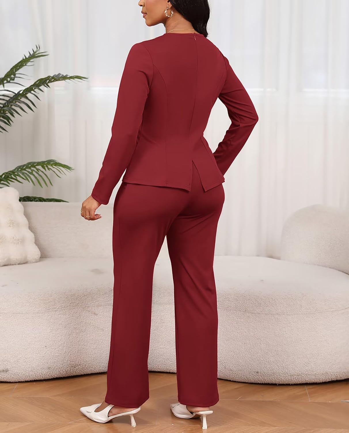 Aro Lora Women 2 Piece Outfits Casual Long Sleeve Irregular Hem Slit Top Pant Set Dressy Pantsuits - Image 4